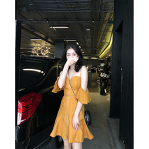 Via Vela One-line collar strapless bandeau suspender Super fairy skirt Womens spring and summer skirt Ginger dress dress