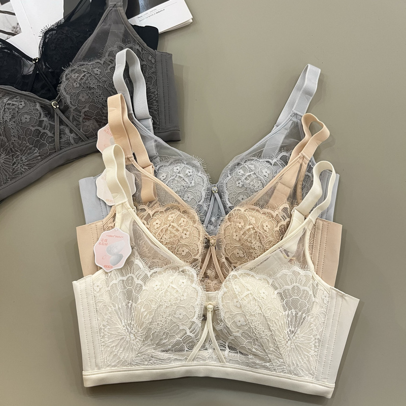 Gu Fei 1005 Sexy Ultra-Thin Lace Crystal Cup Bra Without Underwire Mesh Adjustable Push-Up Bra for Side Support