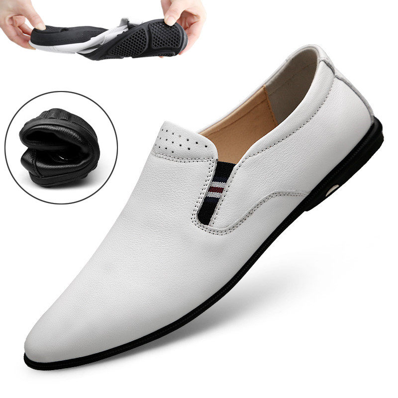 Casual Leather Shoes Men's Spring Summer Advanced Senses Business Positive Clothing Genuine Leather Soft Bottom Comfort Breathable Trendy White Bean Bean Shoes