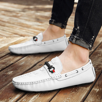 Spring bean shoe mens leather trendy Korean version new white casual leather shoes Soft bottom breathable One foot pedal driving shoes