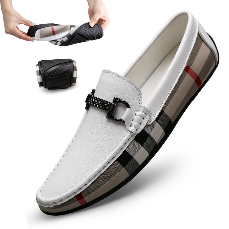 European Station Men Genuine Leather Casual Leather Shoes Spring Autumn New White Bean Bean Shoes Soft Bottom Breathable Korean Version 100 Hitch Shoes