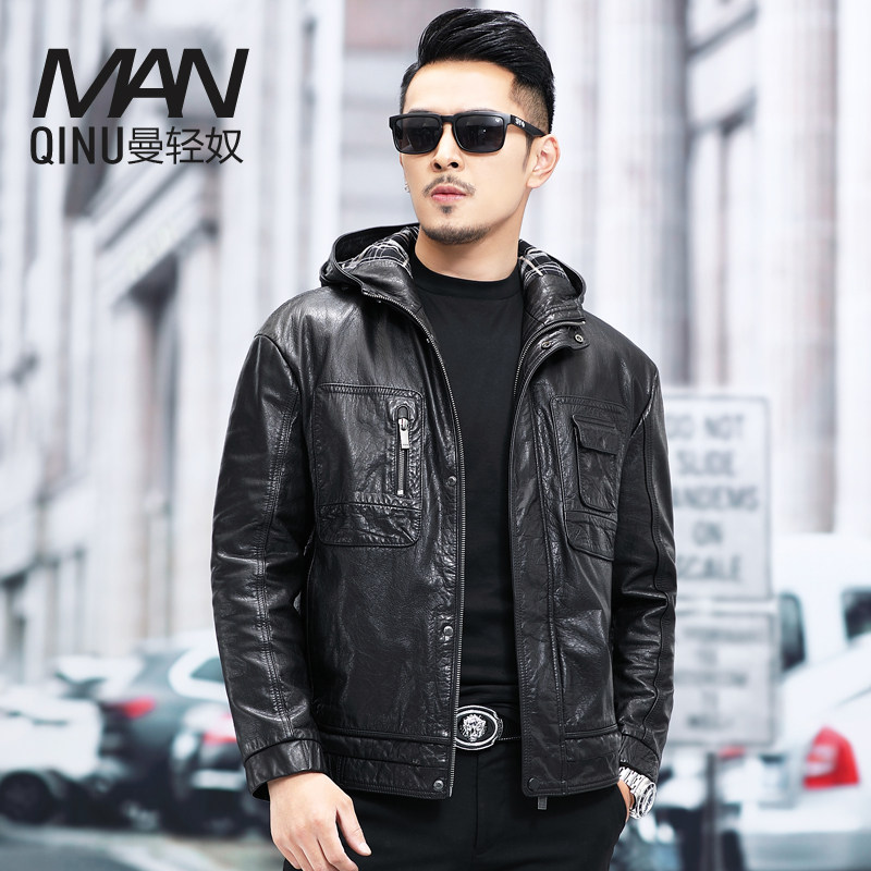 Haining new leather jacket men's oil wax top layer calfskin hooded short autumn leather jacket casual coat