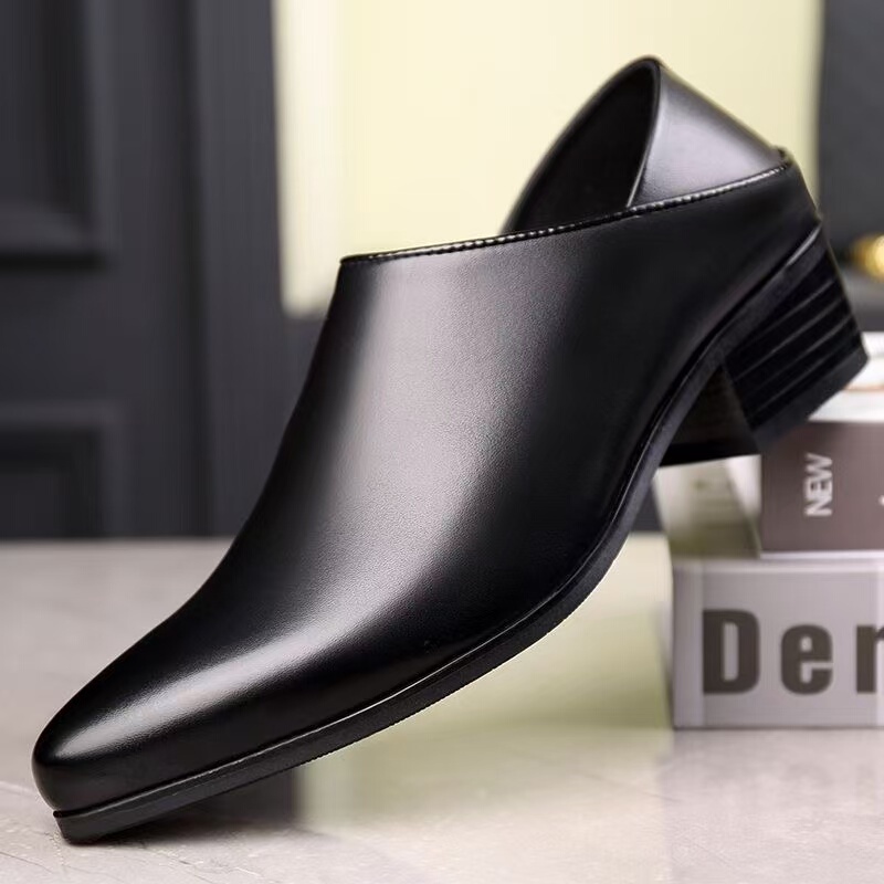 High-Heeled Pointed Leather Shoes for Men, Business Formal Wear, Black Height-Increasing Genuine Leather Men's Shoes, Fashionable and Trendy Hairstylist Shoes