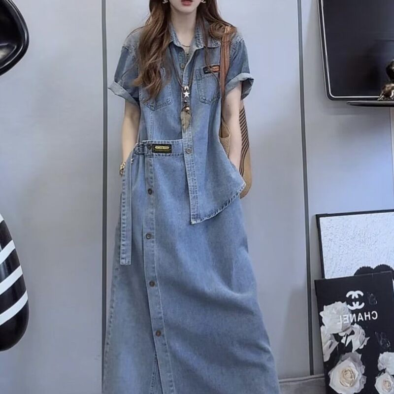 Summer High-End Fashion Light Luxury Hong Kong Style Retro Chic Slimming Loose Fake Two-Piece Denim Dress for Women