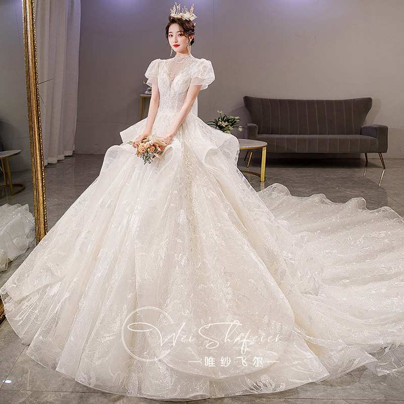 Wedding dress master dress 2023 new bride married drag and tail luxury super heavy industry super - heavy texture small man shade arm