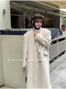 HU法式气质高级感百搭毛呢大衣2024冬季新款夹棉宽松中长款西装女
