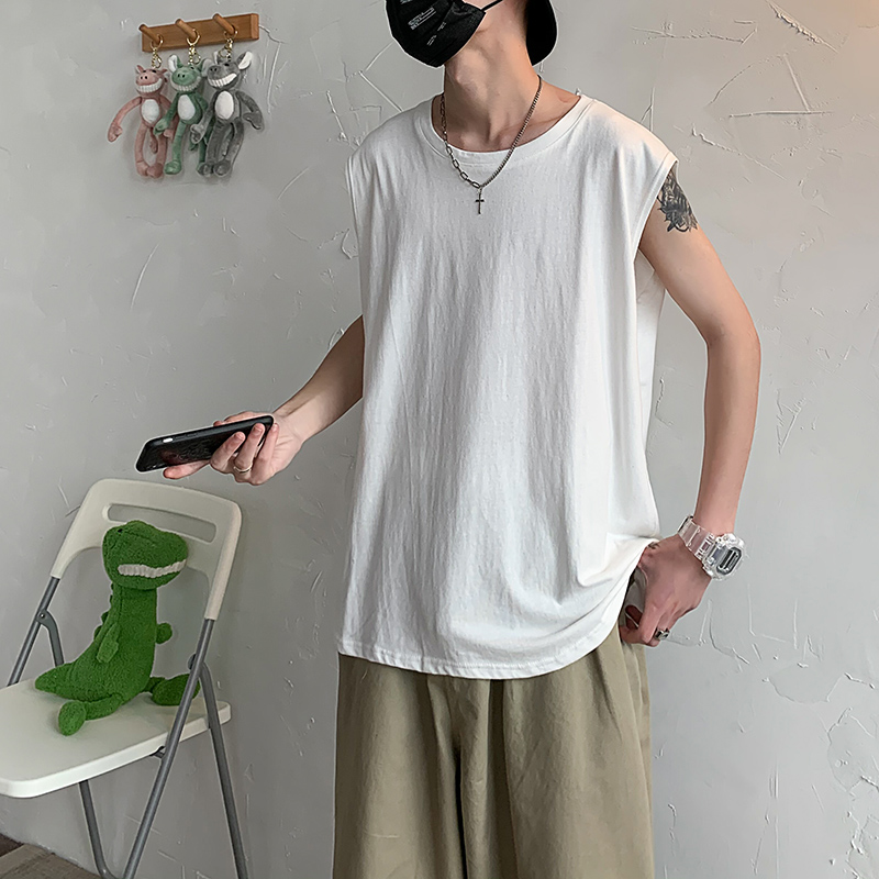 Mùa hè không tay t-shirt của nam giới xu hướng màu hip-hop thể-vai nam vòng cổ áo loose-fitting sinh viên vest bên ngoài thương hiệu thời trang của nam giới mặc