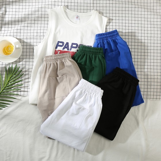 Shorts men's summer beach pants trendy large pants loose casual solid color three-quarter pants sports three-quarter pants