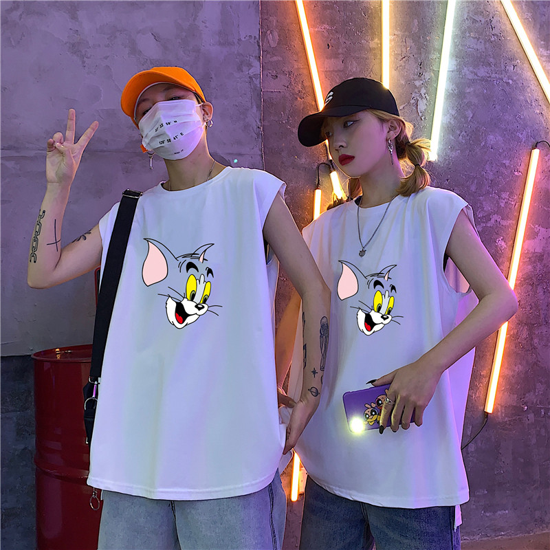 Ins sleeveless T-shirt men's and women's loose ulzzang cat and mouse joint vest couples wear hip-hop waistcoat tide