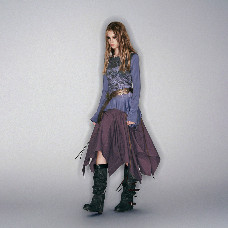 【Hemo】Niche Original Design, Unique Autumn and Winter New Product, Wasteland Style Witch Lace-Up High-End Purple Skirt