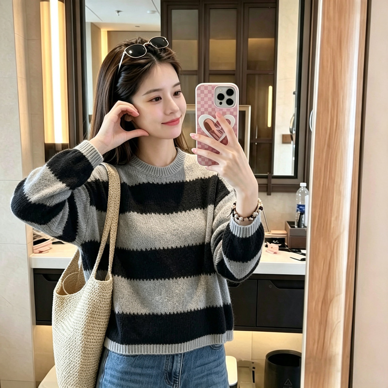 Early Autumn Style Lazy Style Striped Knit Sweater for Women, Round Neck, Loose Fit, Versatile Long-Sleeve Top, Korean Style Striped High-End Sweater Early Autumn Style Lazy Style Striped Knit Sweater for Women, Round Neck, Loose Fit, Versatile Long-Sleeve Top, Korean Style Striped High-End Sweater
