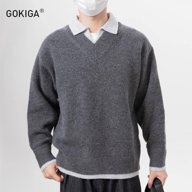 Gokiga Miyazaki Autumn and Winter Vintage Fake Two-Piece Patchwork Knit Sweater Men's Trendy Loose Casual Sweater 8303