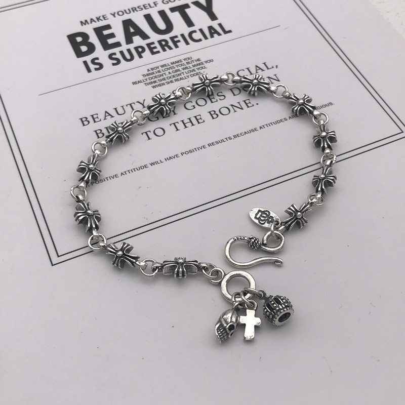 S925 Sterling Silver Bracelet Retro Vintage Personalized Fashion Cross Chain Crown Pendant High-End European and American Trendy Jewelry for Men and Women