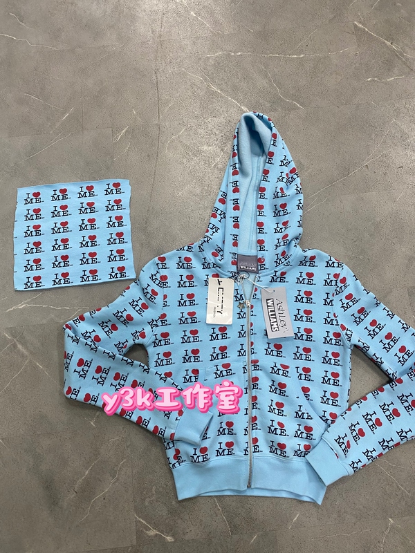 Ashley Willa Childlike Print Slim-Fit Zip-Up Hooded Thin Fleece Sweatshirt