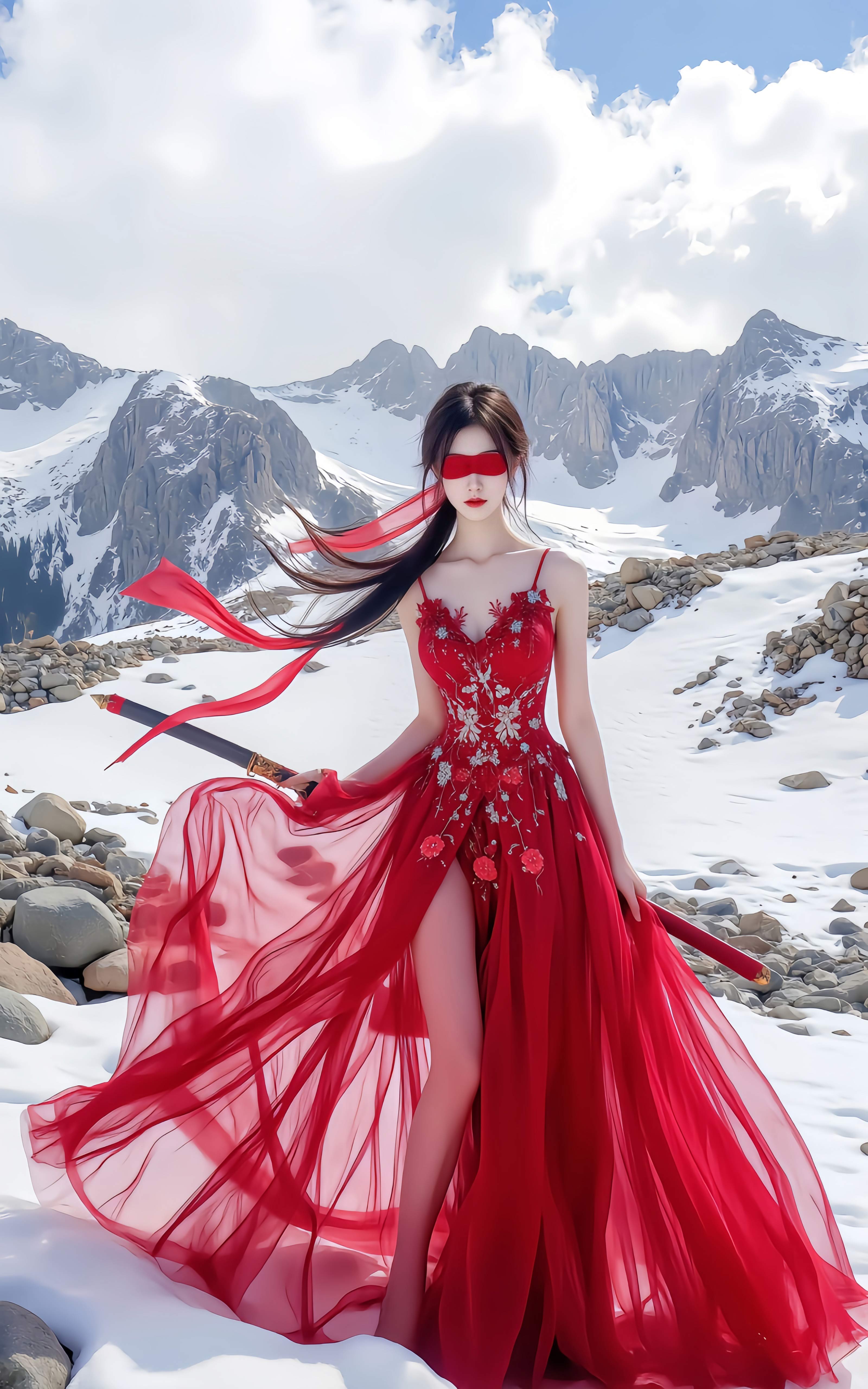 雪山红绸蒙眼红衣持剑女侠 4K 手机壁纸｜国风武侠人像竖版锁屏背景
