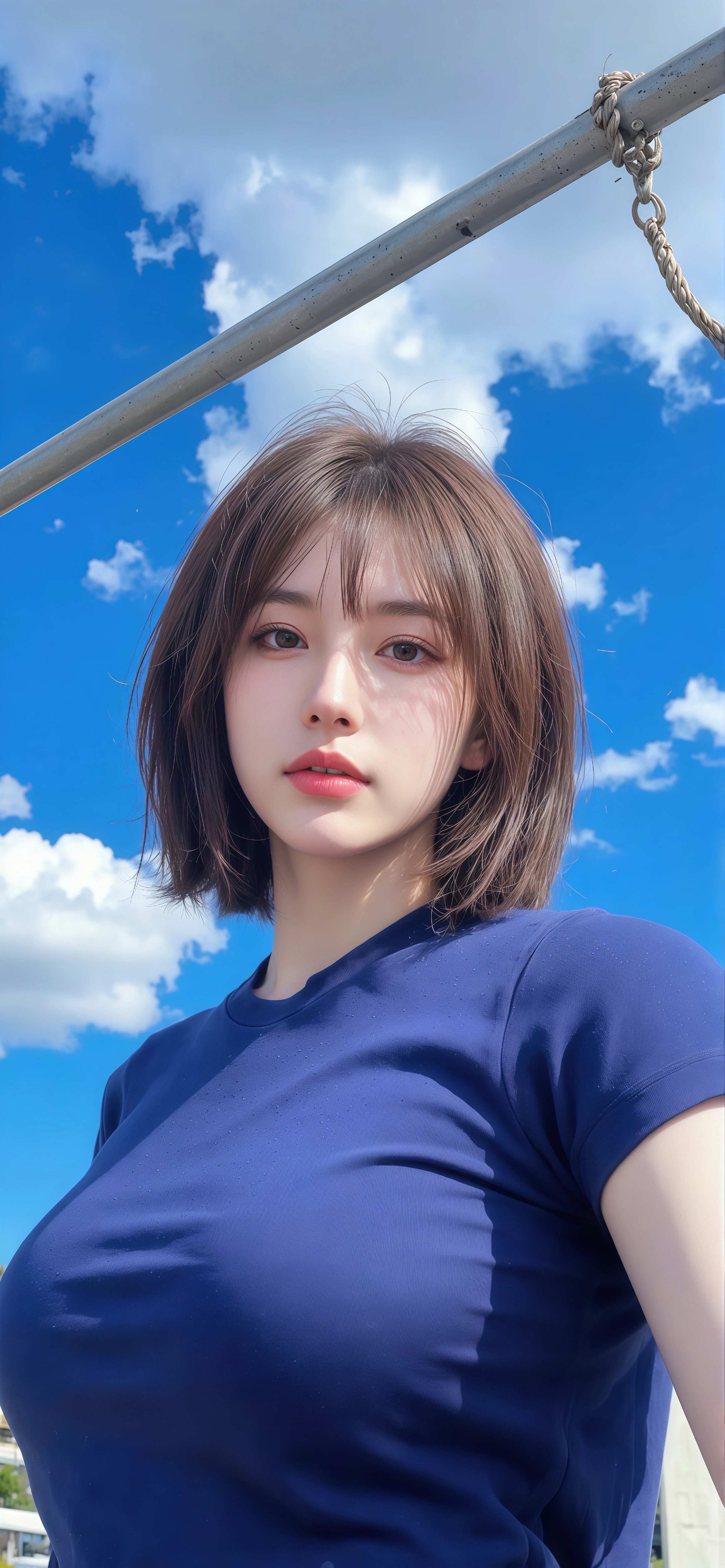 晴空夏日短发壁纸 蓝 T 恤少女竖版手机锁屏