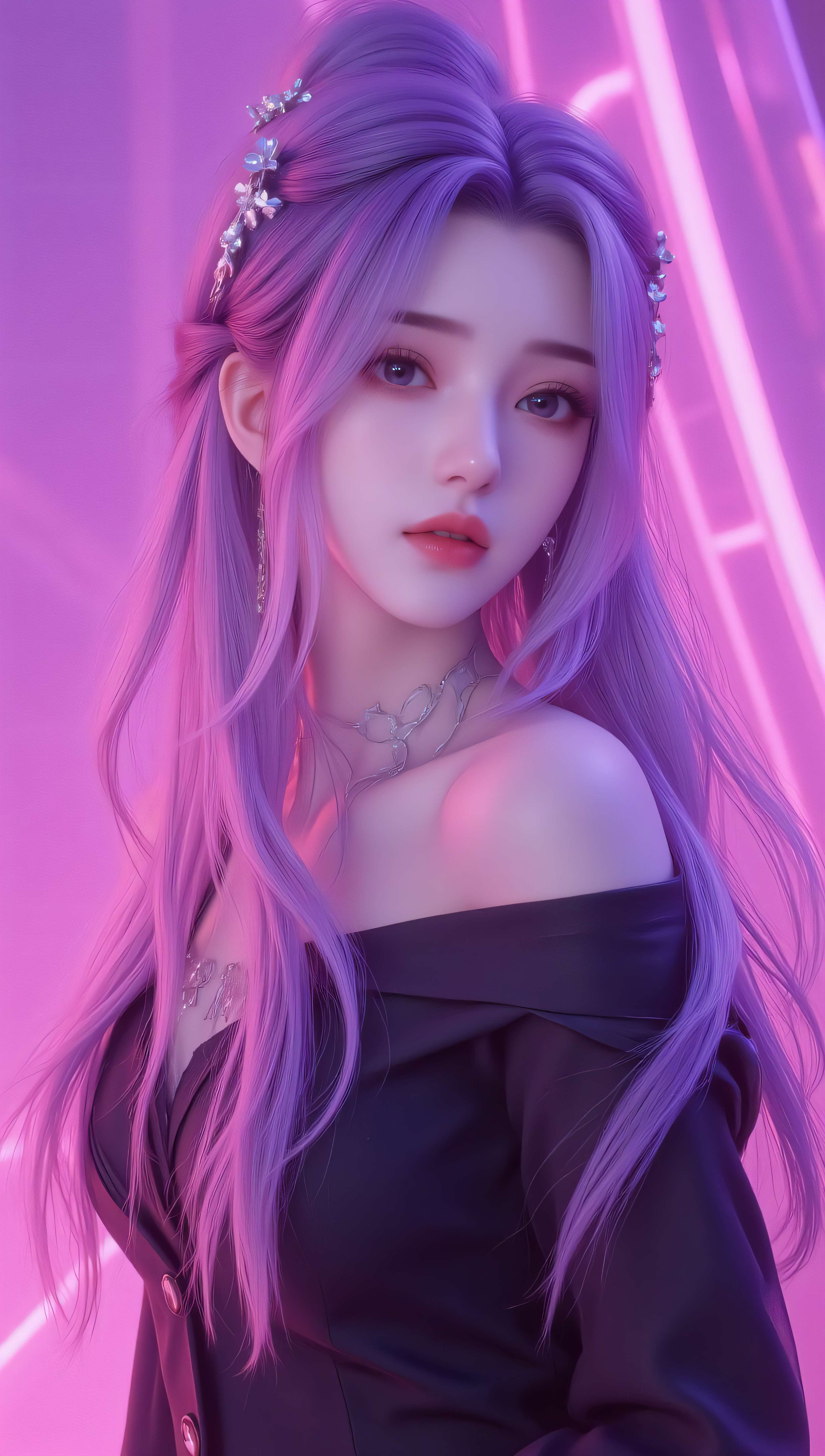 粉紫霓虹紫发半盘少女 4K 手机壁纸｜赛博梦幻二次元人像竖版锁屏背景