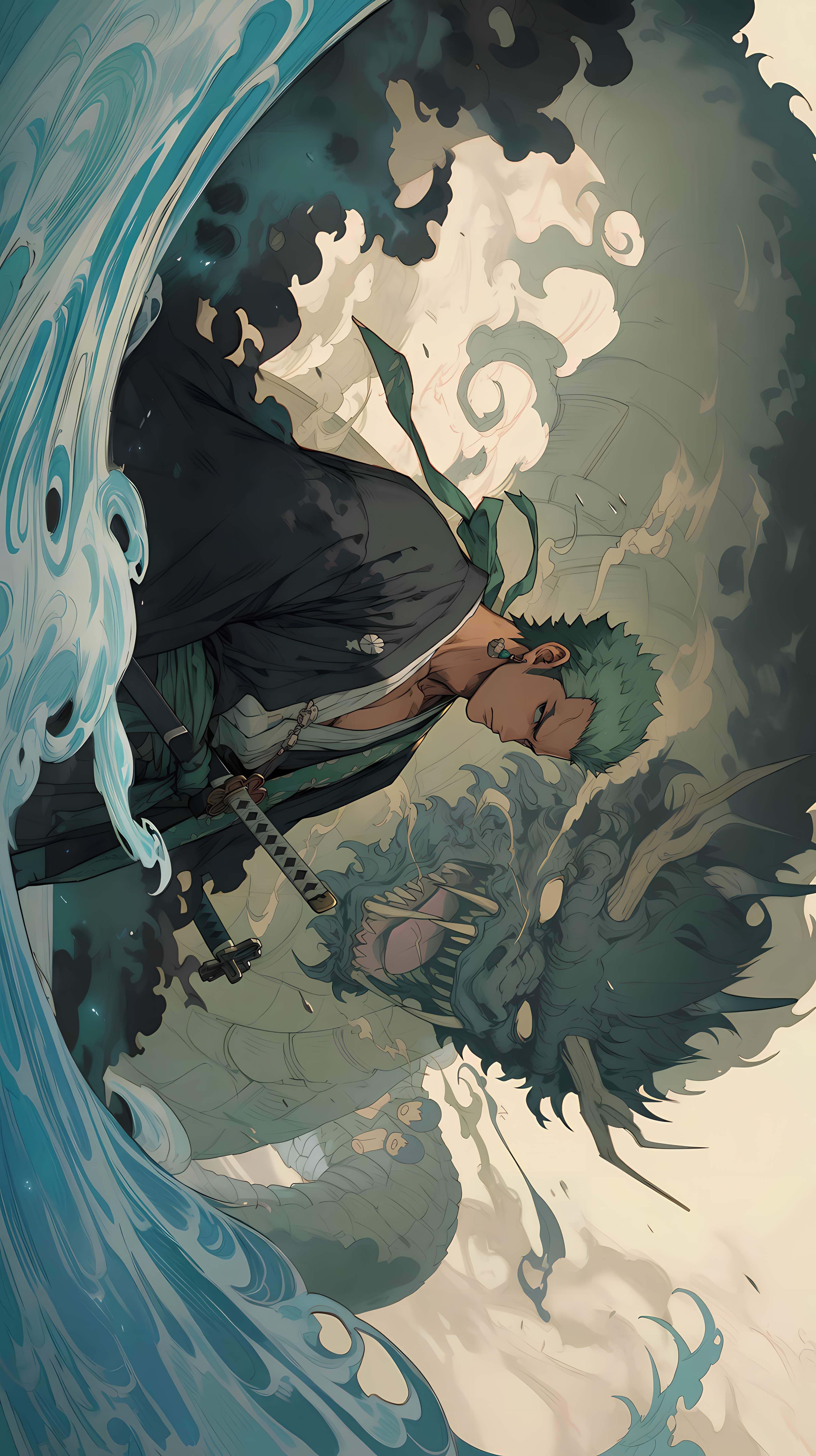 4K 海贼王索隆神龙巨浪竖版和风插画 高清无水印手机壁纸