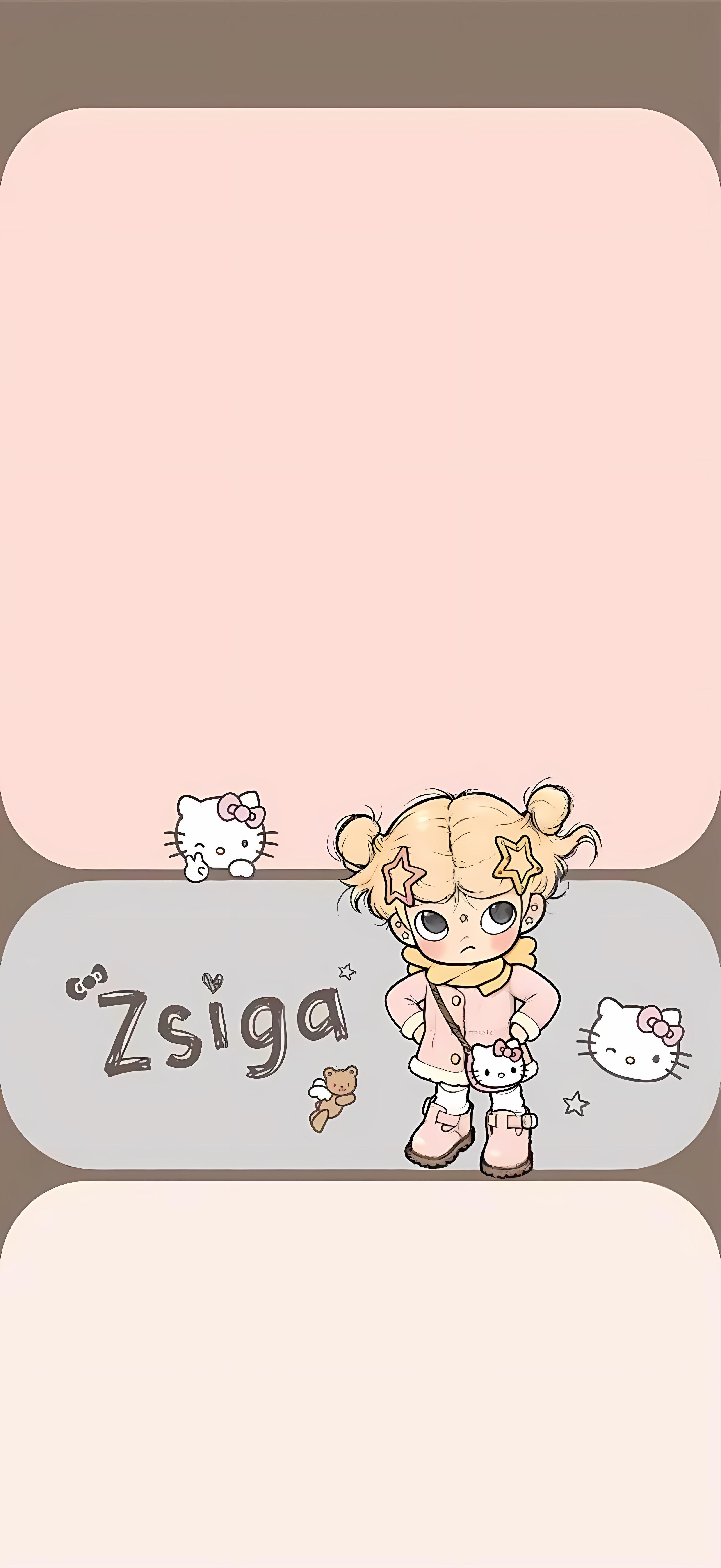 Zsiga 女孩 HelloKitty 壁纸 粉棕圆角框卡通少女手绘竖版手机锁屏