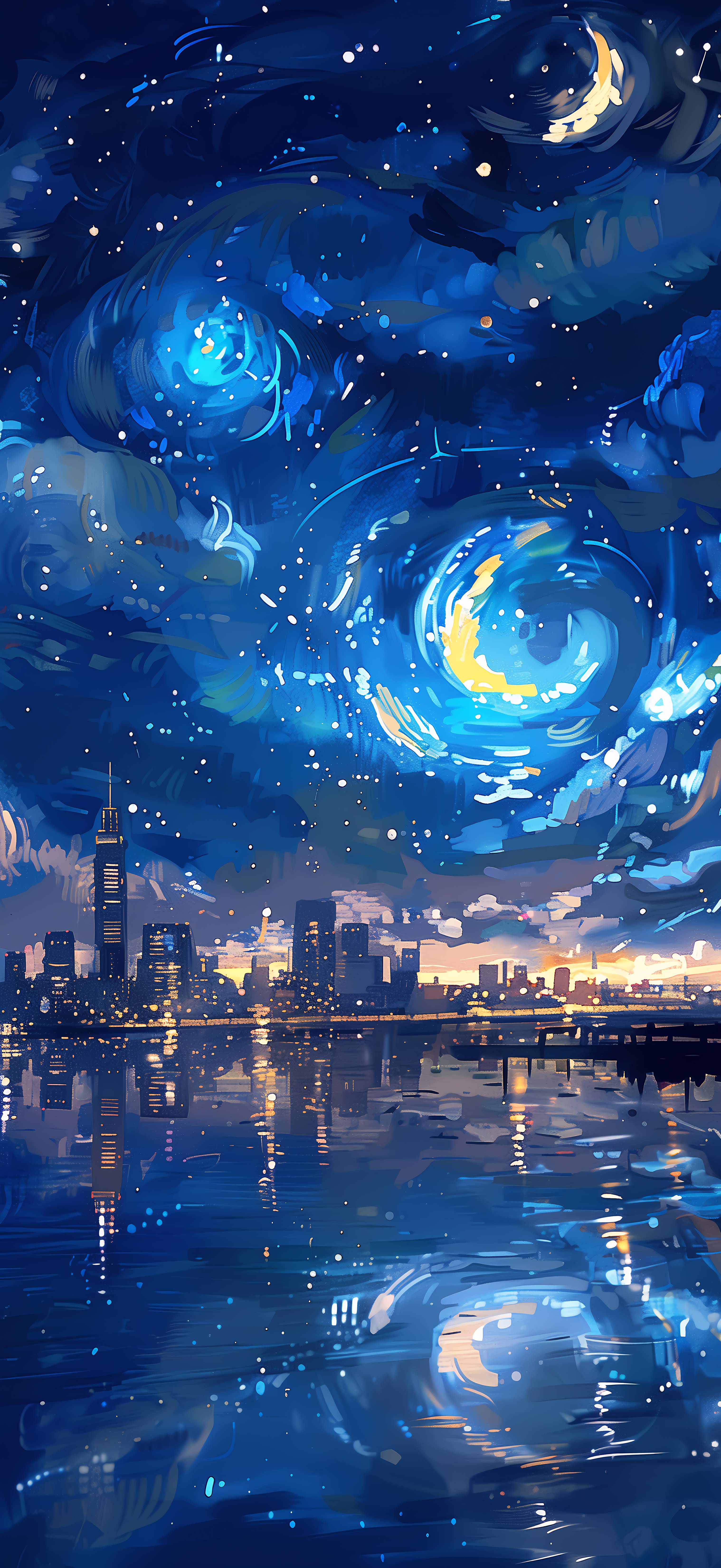 4K 梵高风漩涡星空城市夜景手机壁纸 油画质感蓝色星云插画无水印