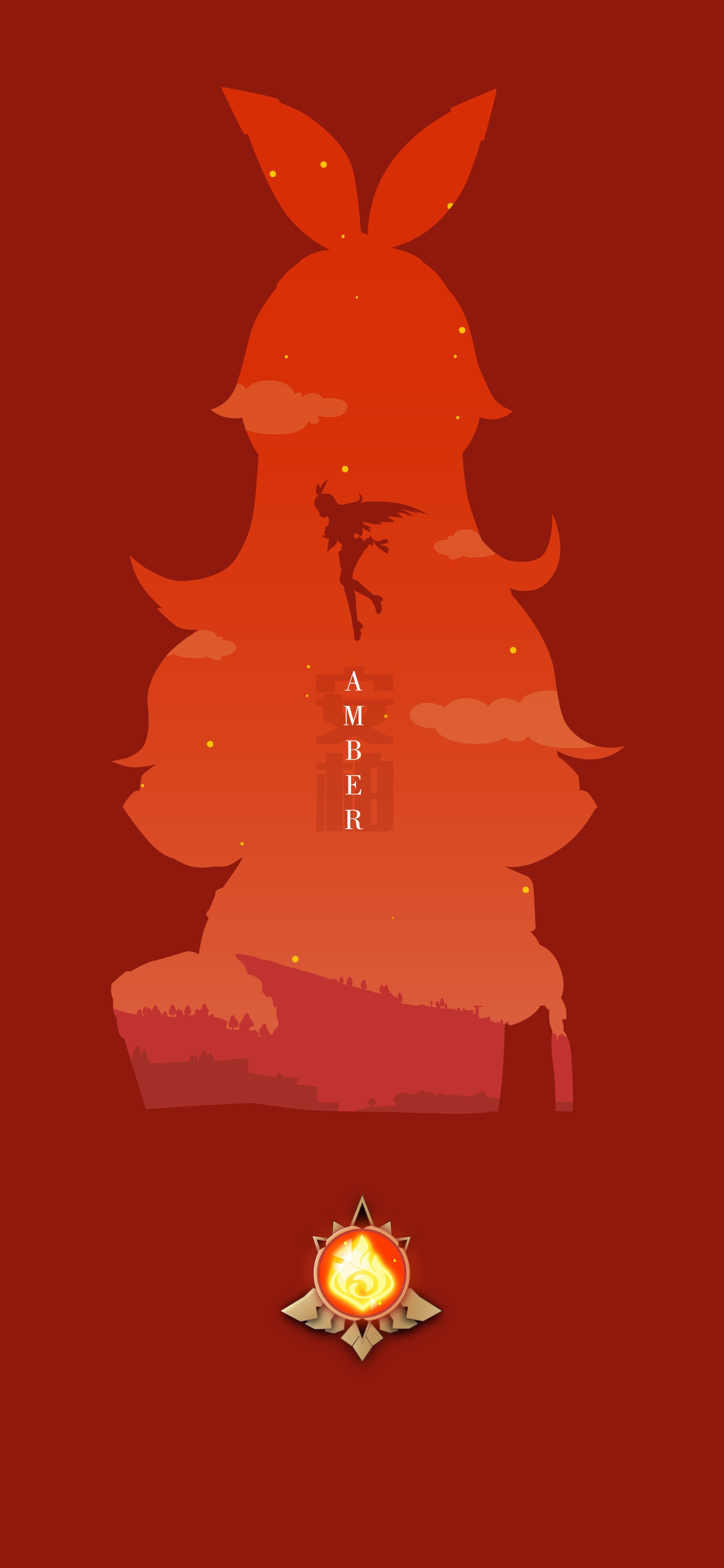 原神安柏双层剪影创意手机壁纸,红底简约矢量插画