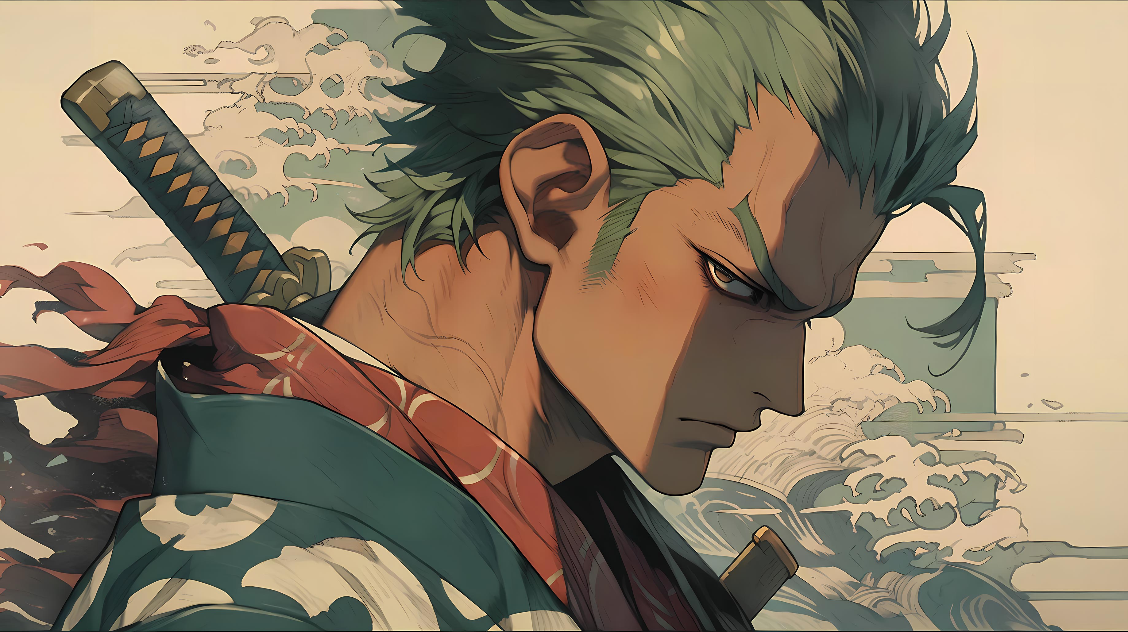 4K 海贼王索隆和风浮世绘插画 高清无水印电脑桌面壁纸