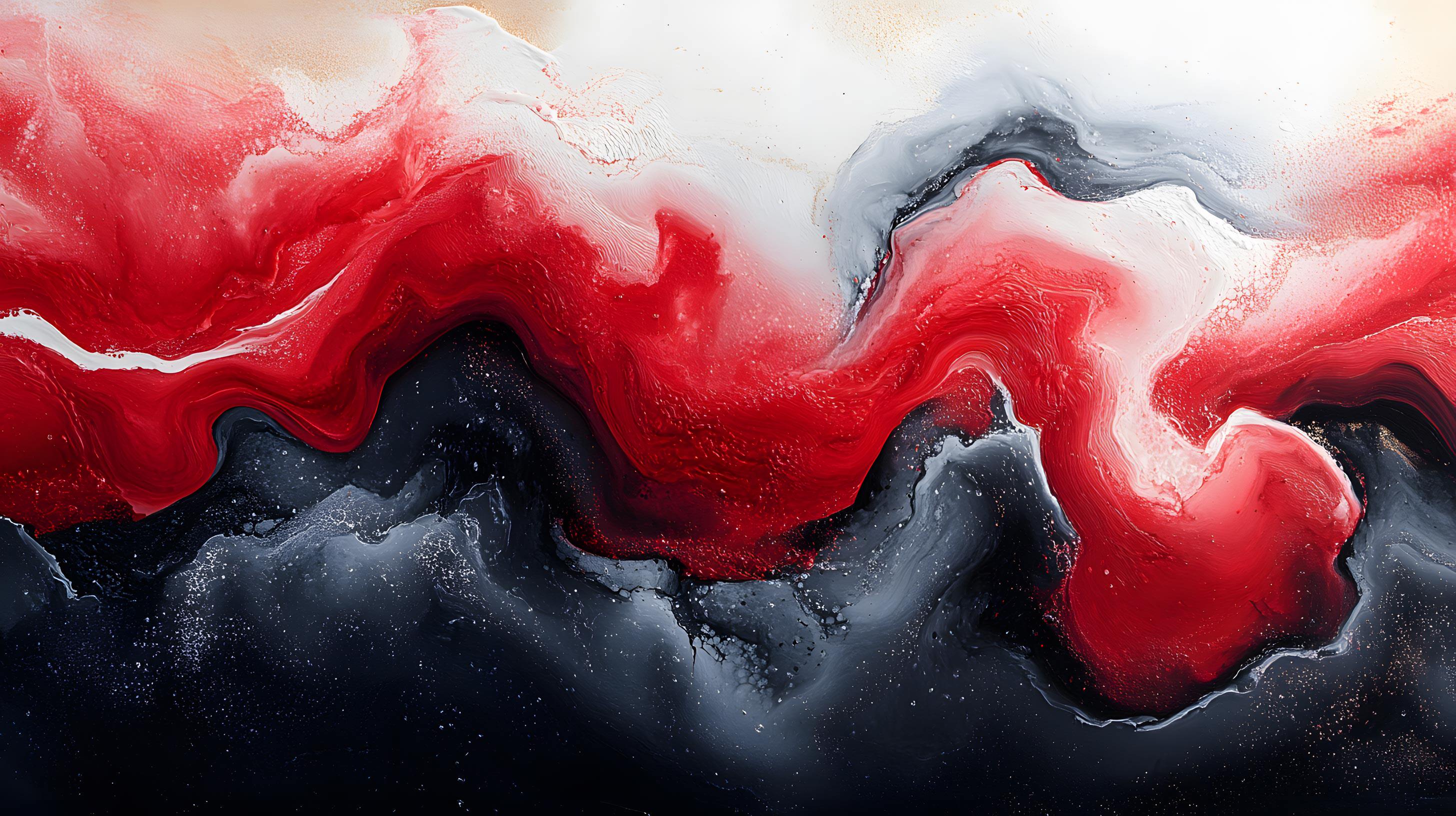 4K 高清红黑流体艺术电脑壁纸,红白黑树脂颜料流动抽象油画,金粉质感横版背景