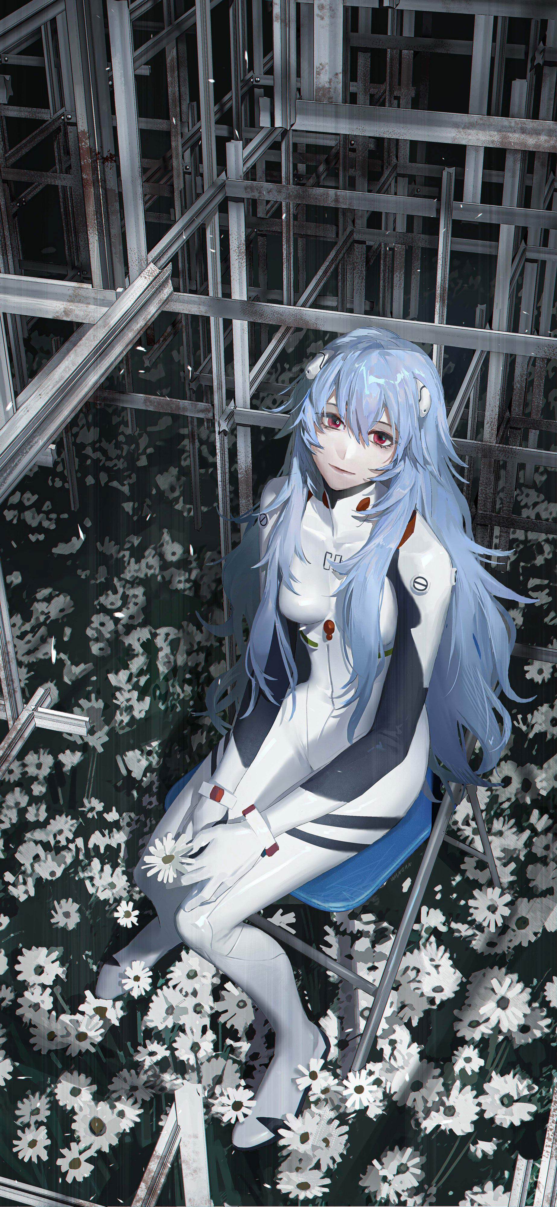 EVA 绫波丽长发白色作战服 4K 竖版手机壁纸,白色雏菊花海,钢架废墟场景,日系动漫插画