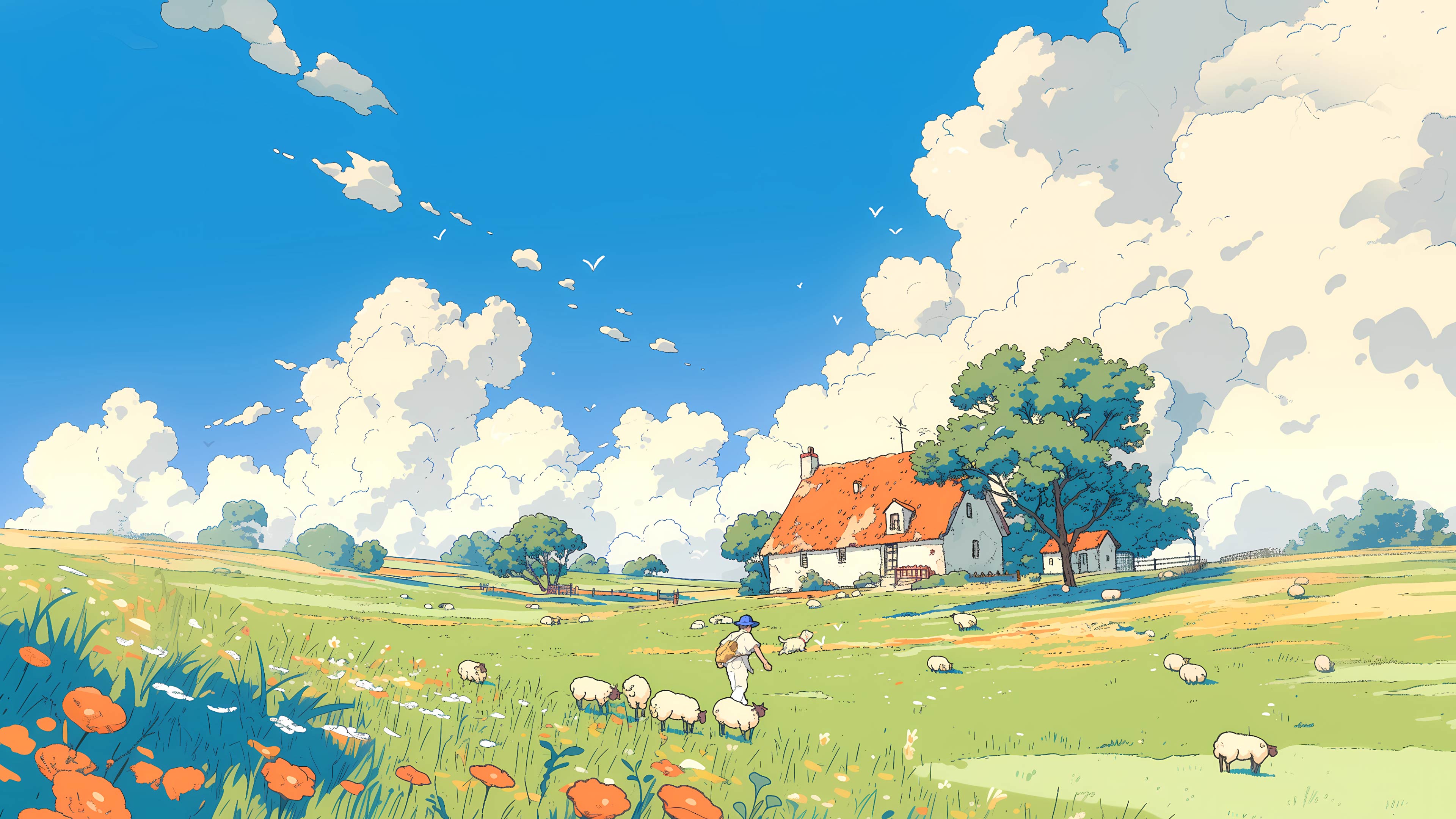 日系插画田园牧场牧羊少年壁纸 蓝天白云红顶小屋治愈风景横版电脑桌面