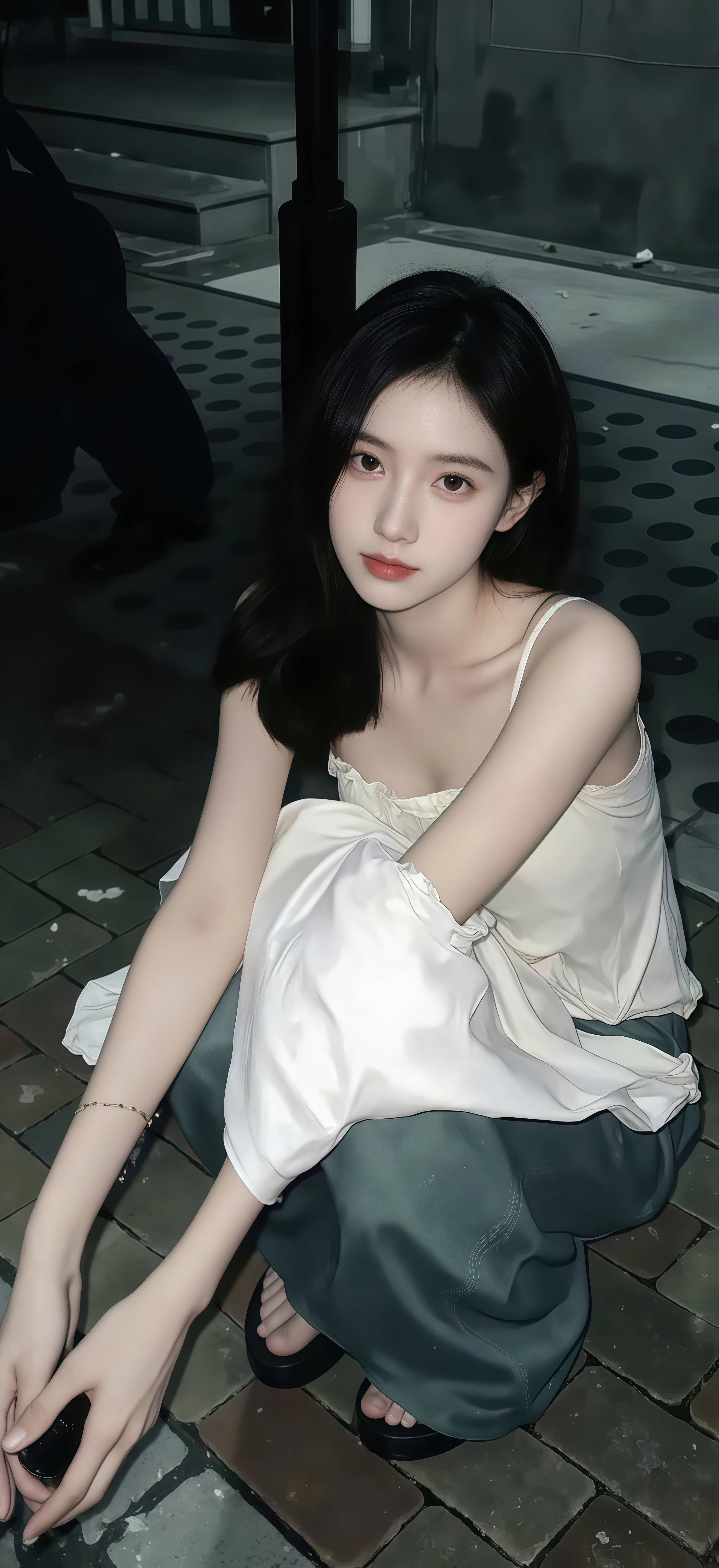夜景清冷街拍壁纸 夜晚街头蹲坐少女竖版手机锁屏
