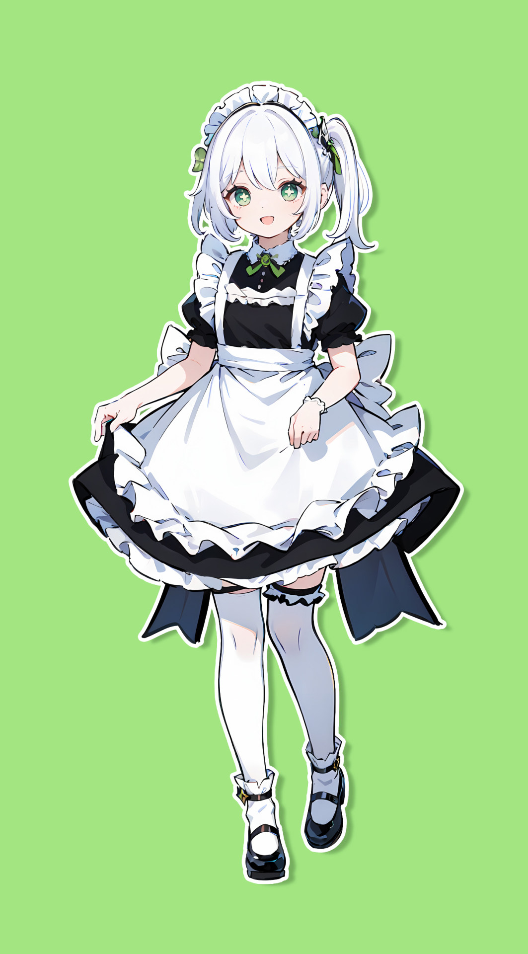 贴纸风白发单马尾女仆少女 4K 高清无水印手机壁纸