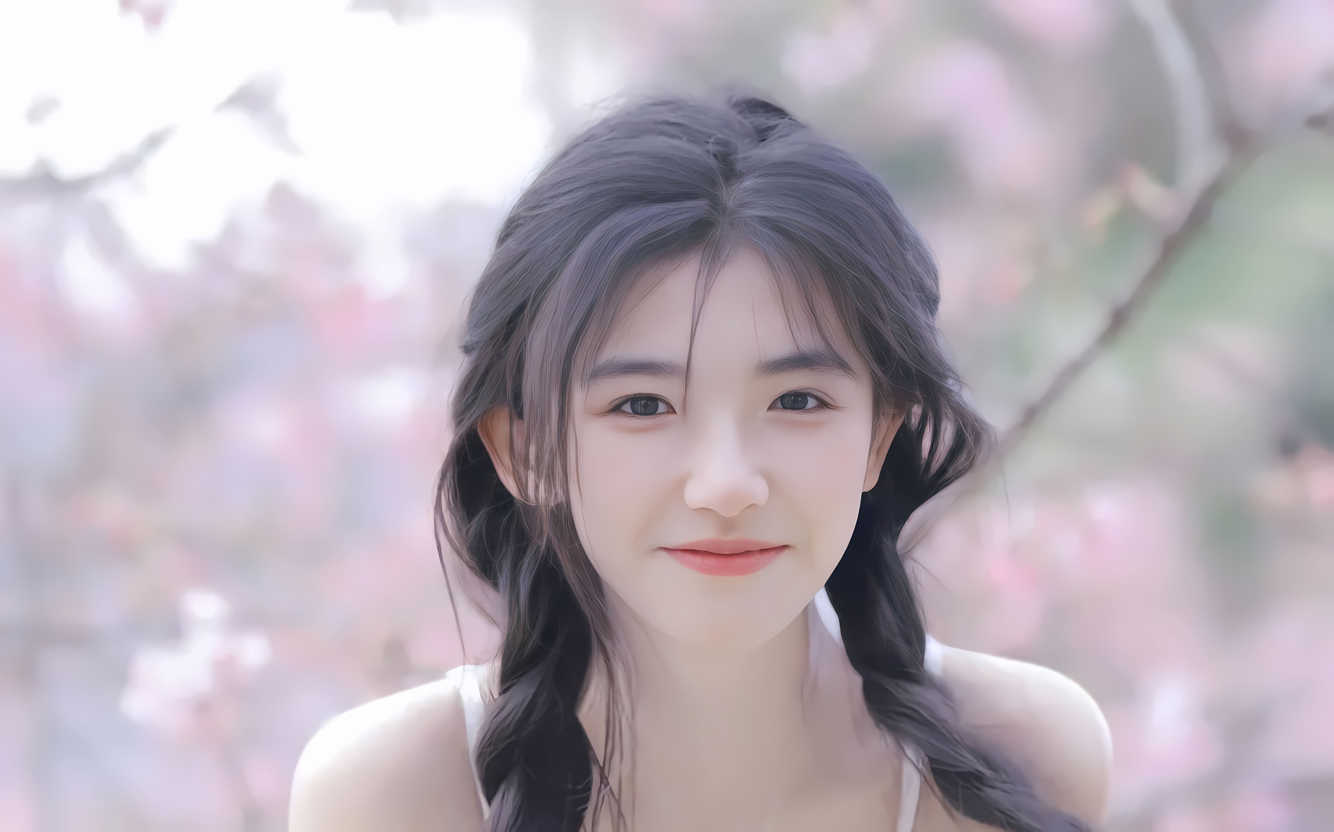 樱花背景双麻花辫少女高清 4K 壁纸|春日清新温柔人像