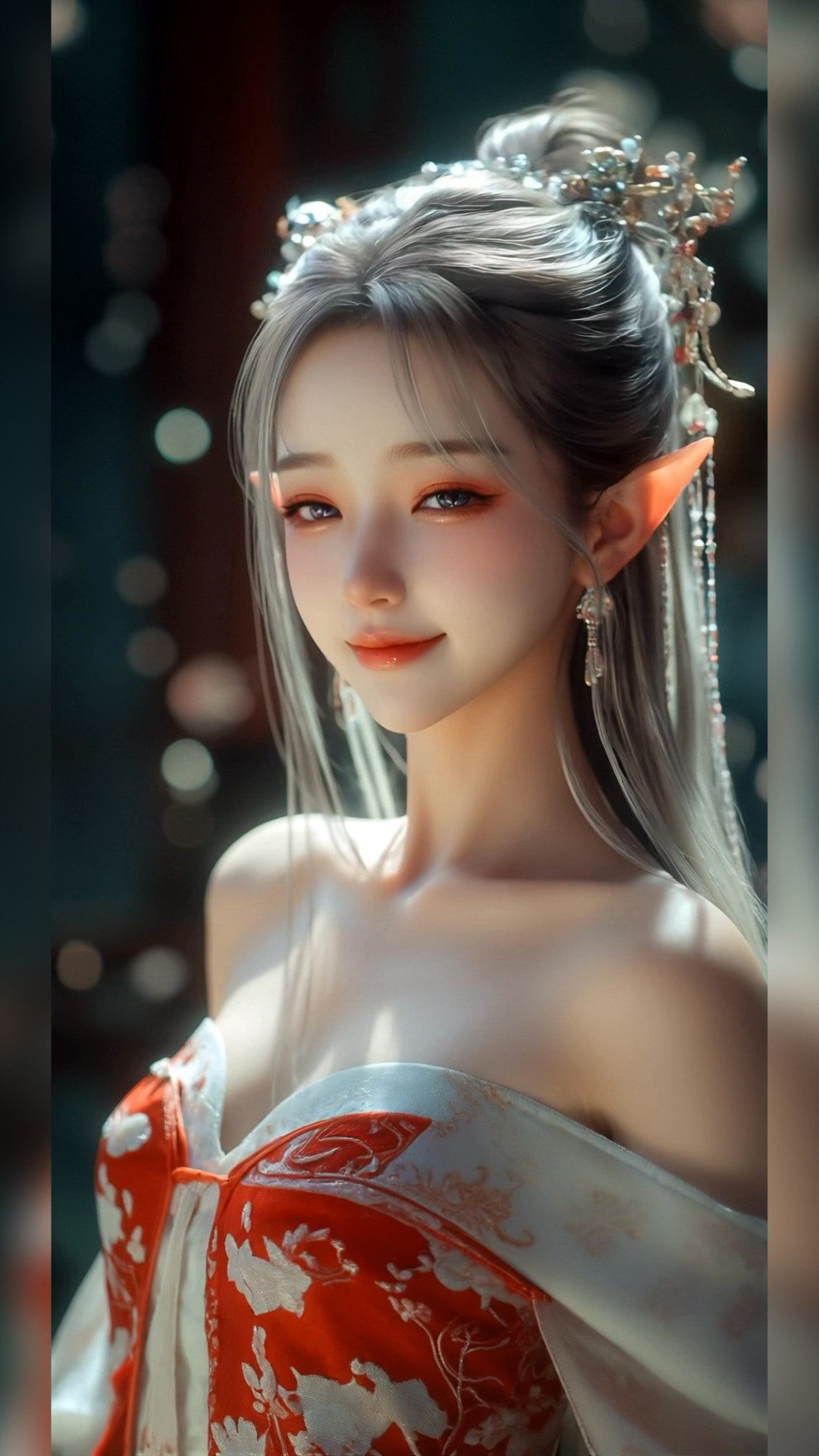 古风精灵耳银发汉服少女 4K 手机壁纸｜唯美国风二次元人像竖版锁屏背景