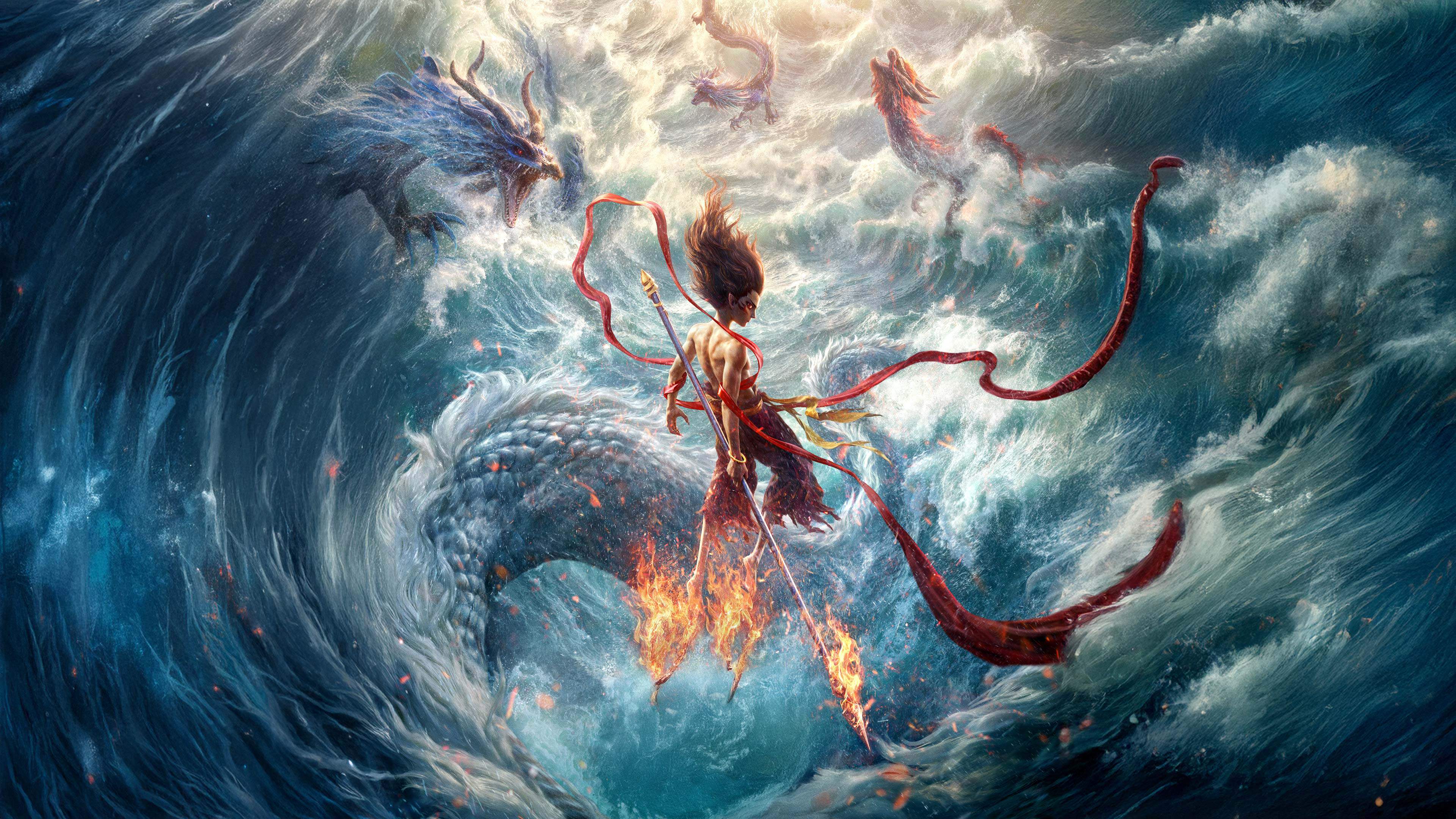 4K 高清无水印哪吒踏龙电脑壁纸,哪吒之魔童闹海,少年哪吒立于巨浪群龙之间国漫原画