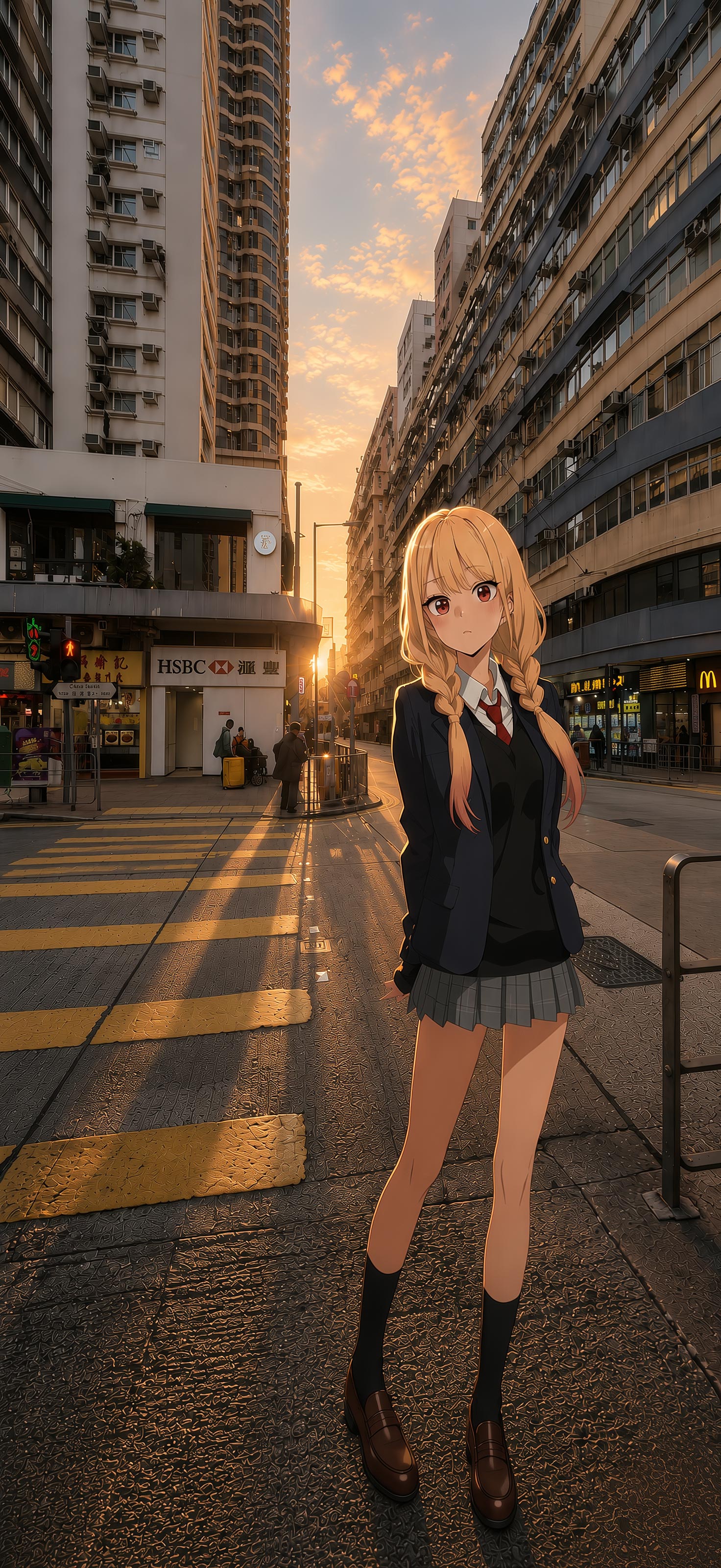 JK 少女香港街头日落壁纸 黄昏氛围感二次元动漫竖版手机锁屏