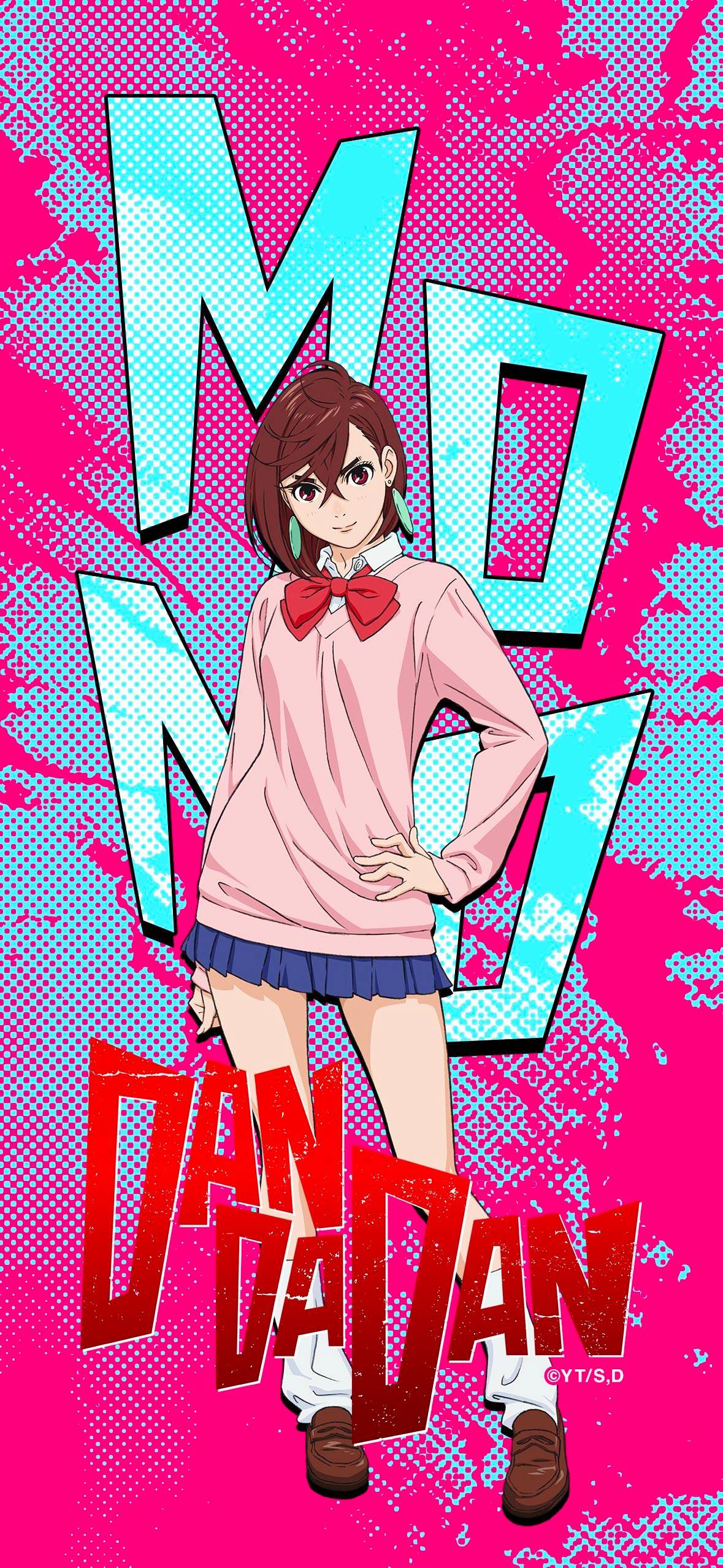 Dandadan 绫濑桃手机壁纸,波点玫红背景,粉色毛衣校服,美式漫画网点风格,动漫竖版插画