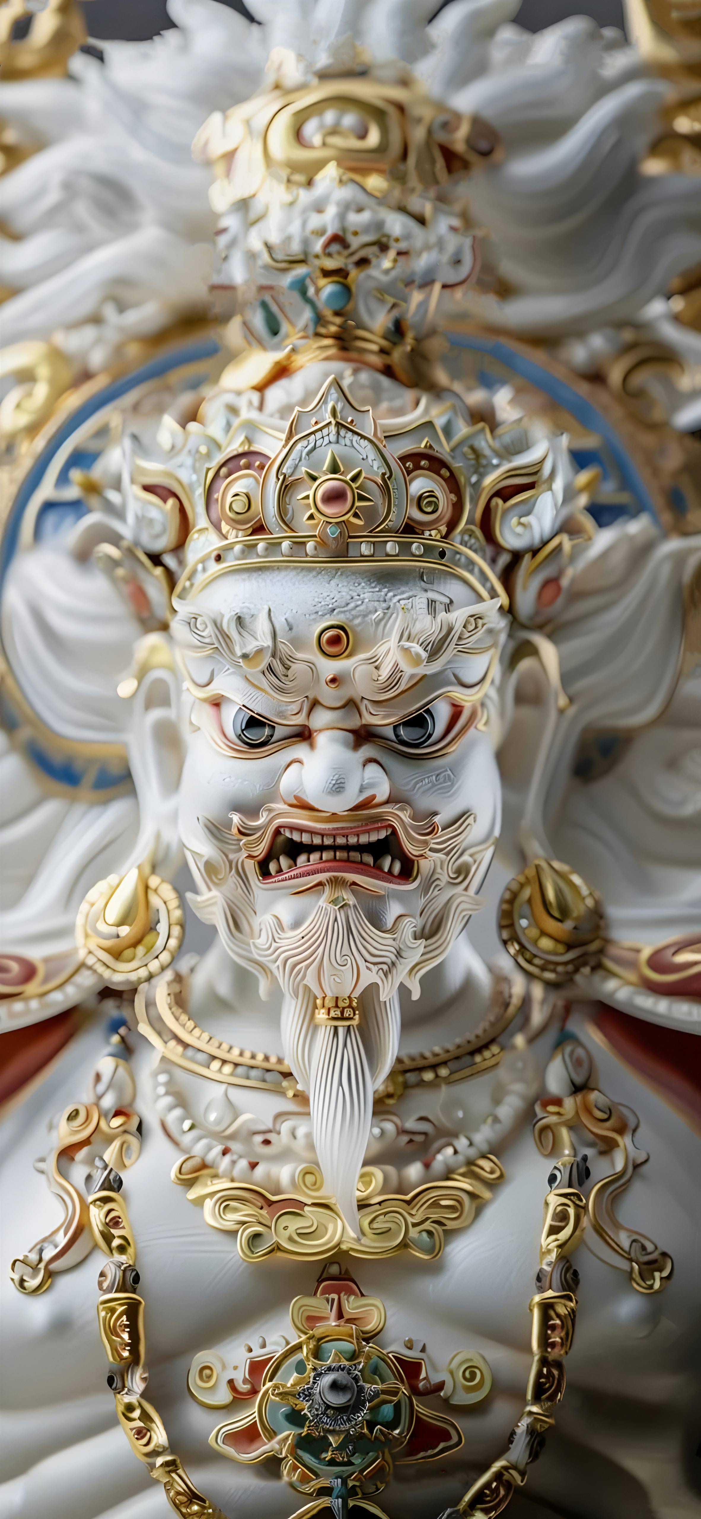 4K 高清藏传护法神像竖版特写,白瓷描金雕像,宝石镶嵌,威严忿怒相,藏式佛造像,精致浮雕,无水印手机壁纸