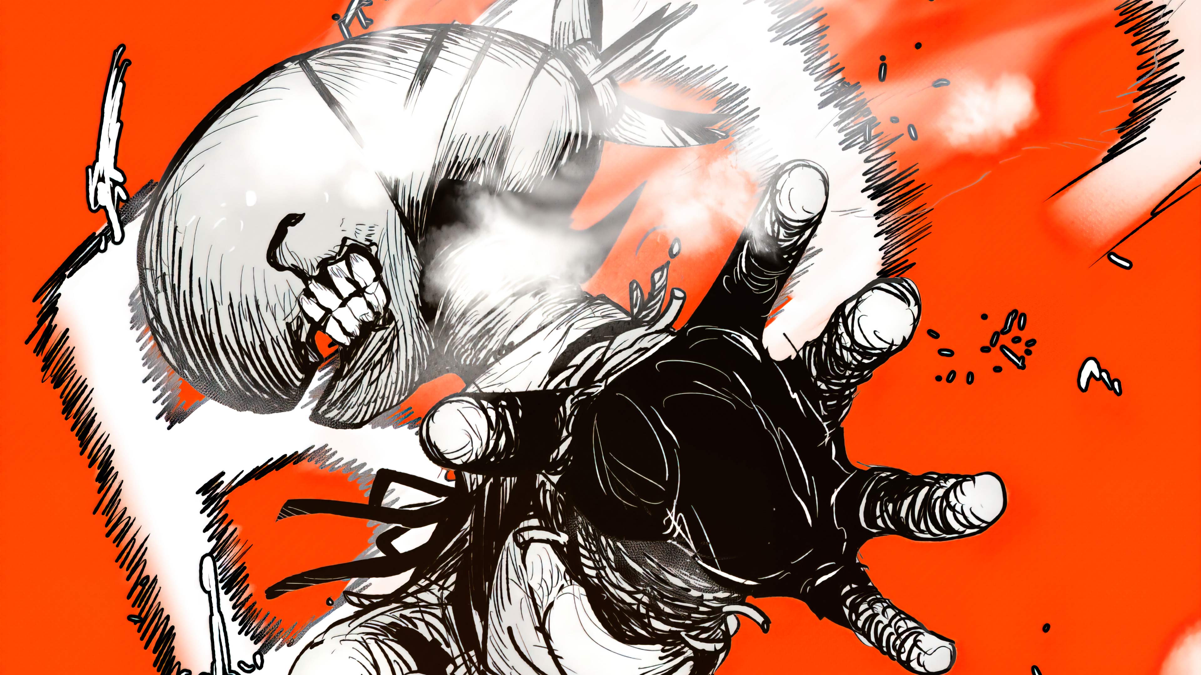 电锯人帕瓦漫画战斗分镜 4K 电脑壁纸｜红底黑白漫画横版桌面背景