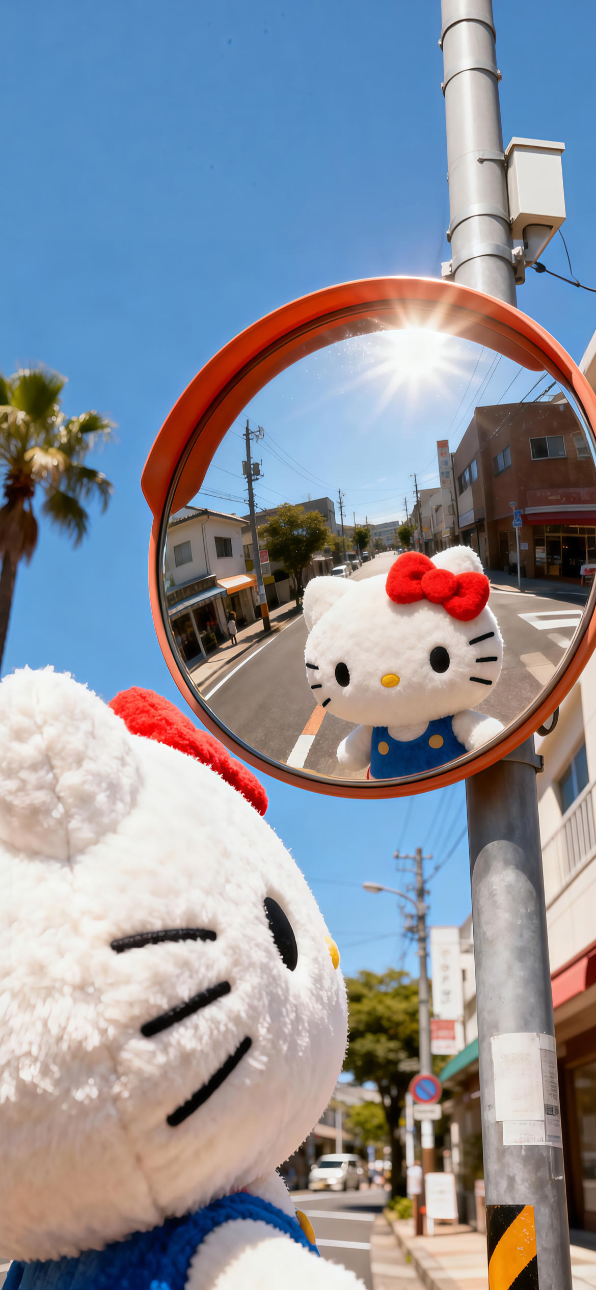 Hello Kitty 玩偶镜子壁纸 日系街道蓝天治愈氛围感竖版手机锁屏