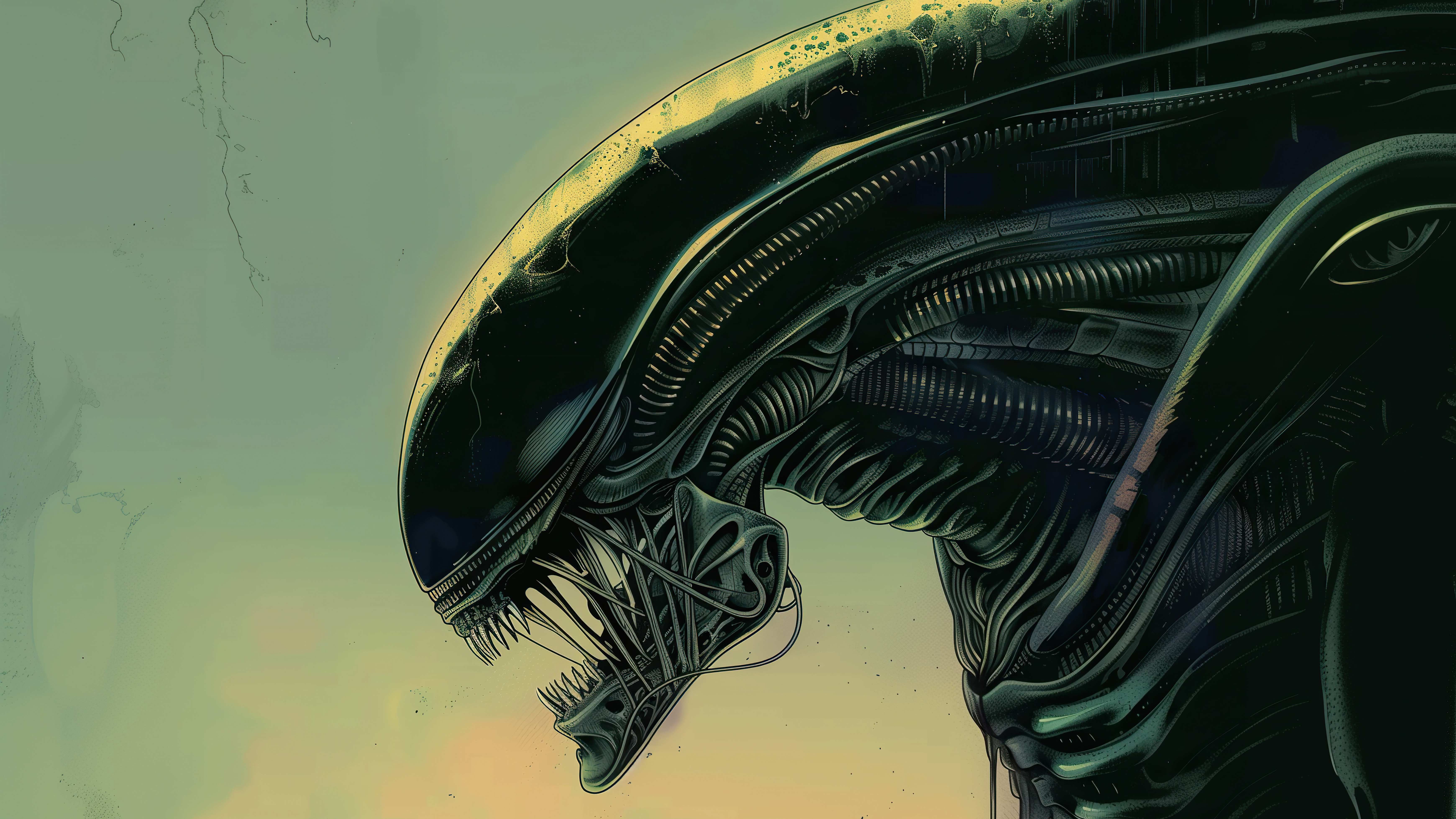 复古漫画异形科幻 4K 电脑壁纸｜暗黑外星生物桌面背景