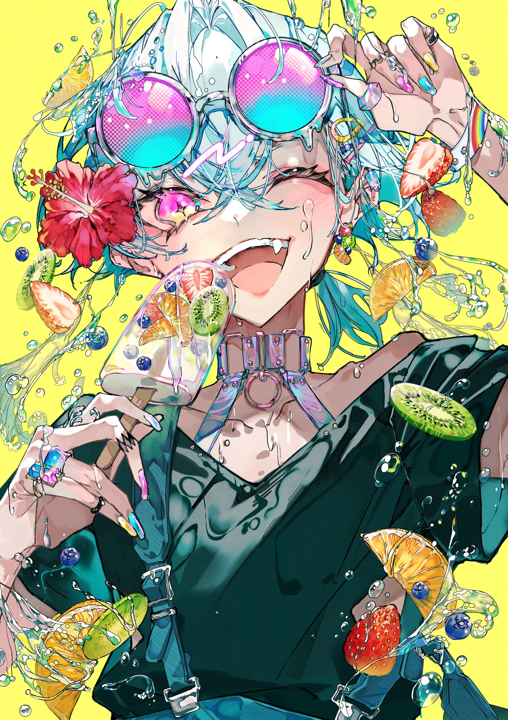 夏日撞色二次元 4K 高清壁纸 蓝发少年水果冰棒鲜果潮流插画原画