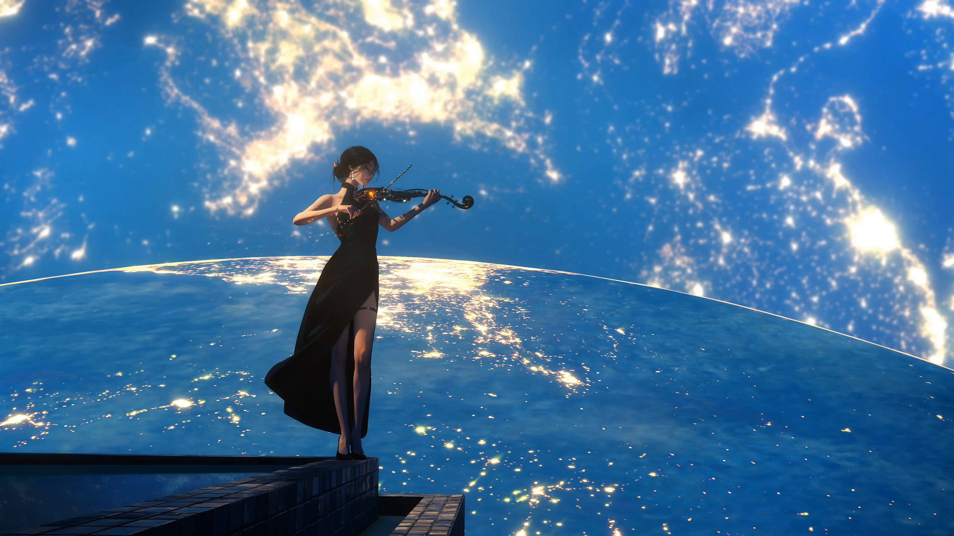 星河地球拉小提琴黑衣少女高清 4K 壁纸|科幻氛围感插画