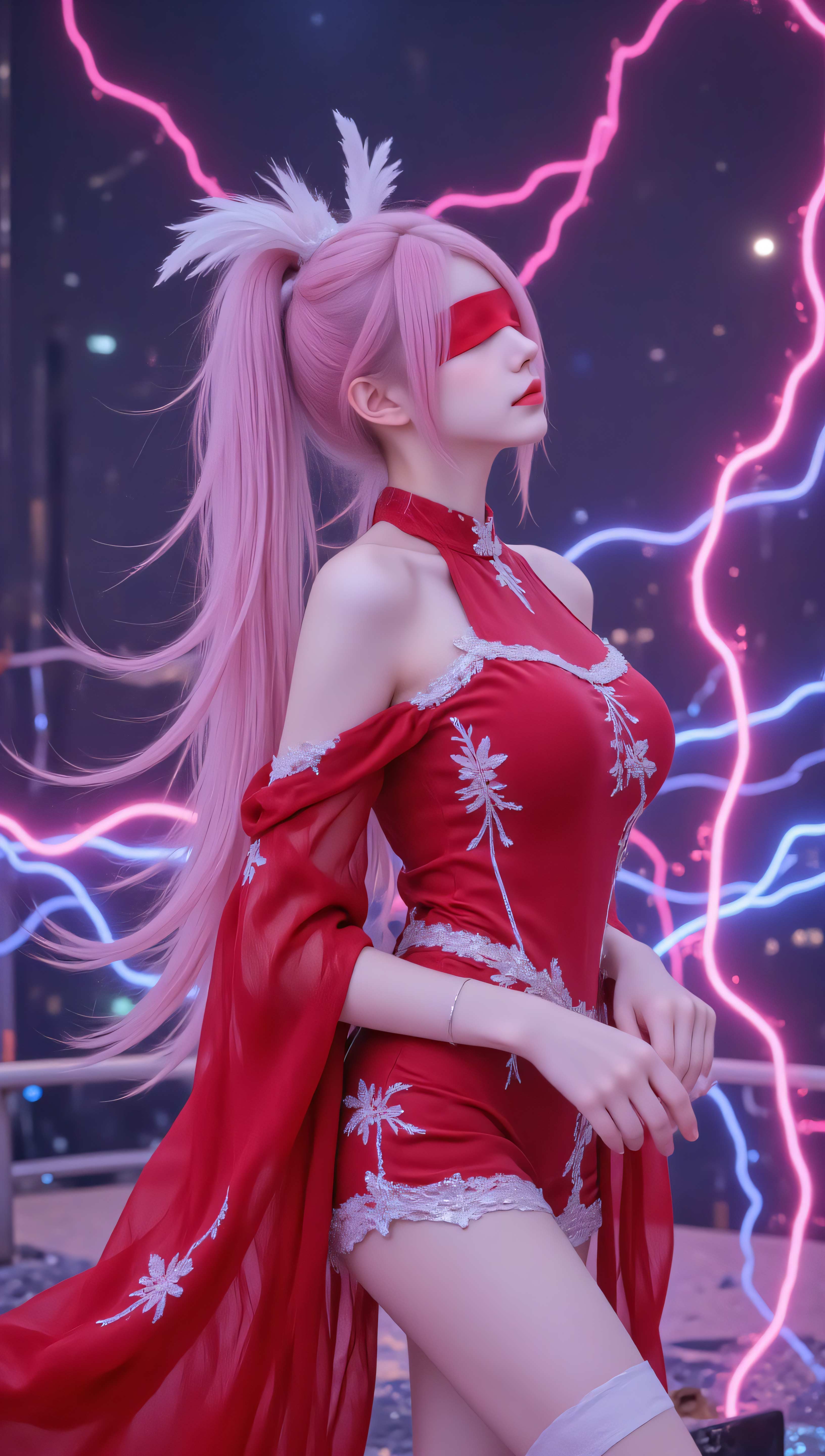 赛博朋克粉发高马尾红绸蒙眼红衣少女 4K 手机壁纸｜霓虹夜景二次元人像竖版锁屏背景
