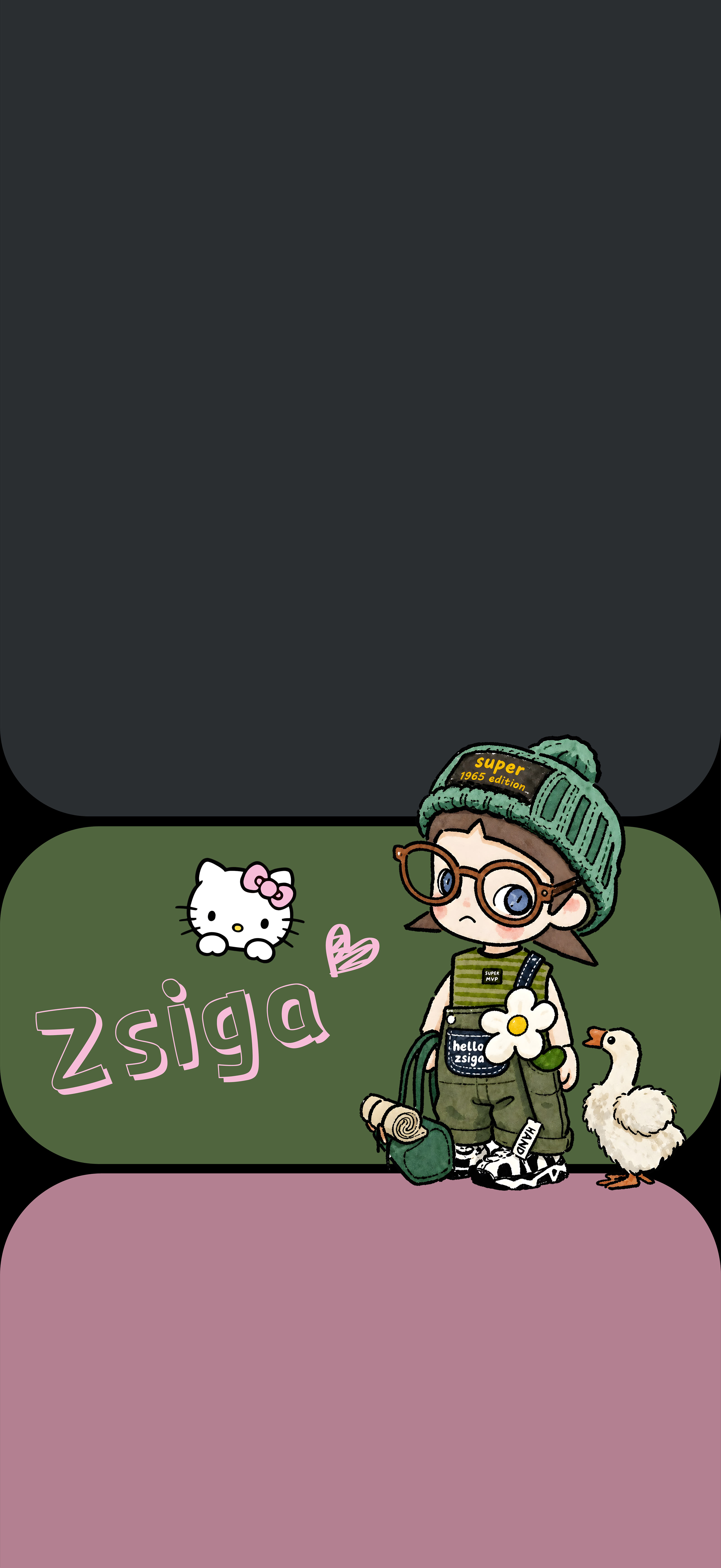 Zsiga 眼镜女孩 HelloKitty 壁纸 黑军绿紫粉三层圆角手绘卡通竖版手机锁屏
