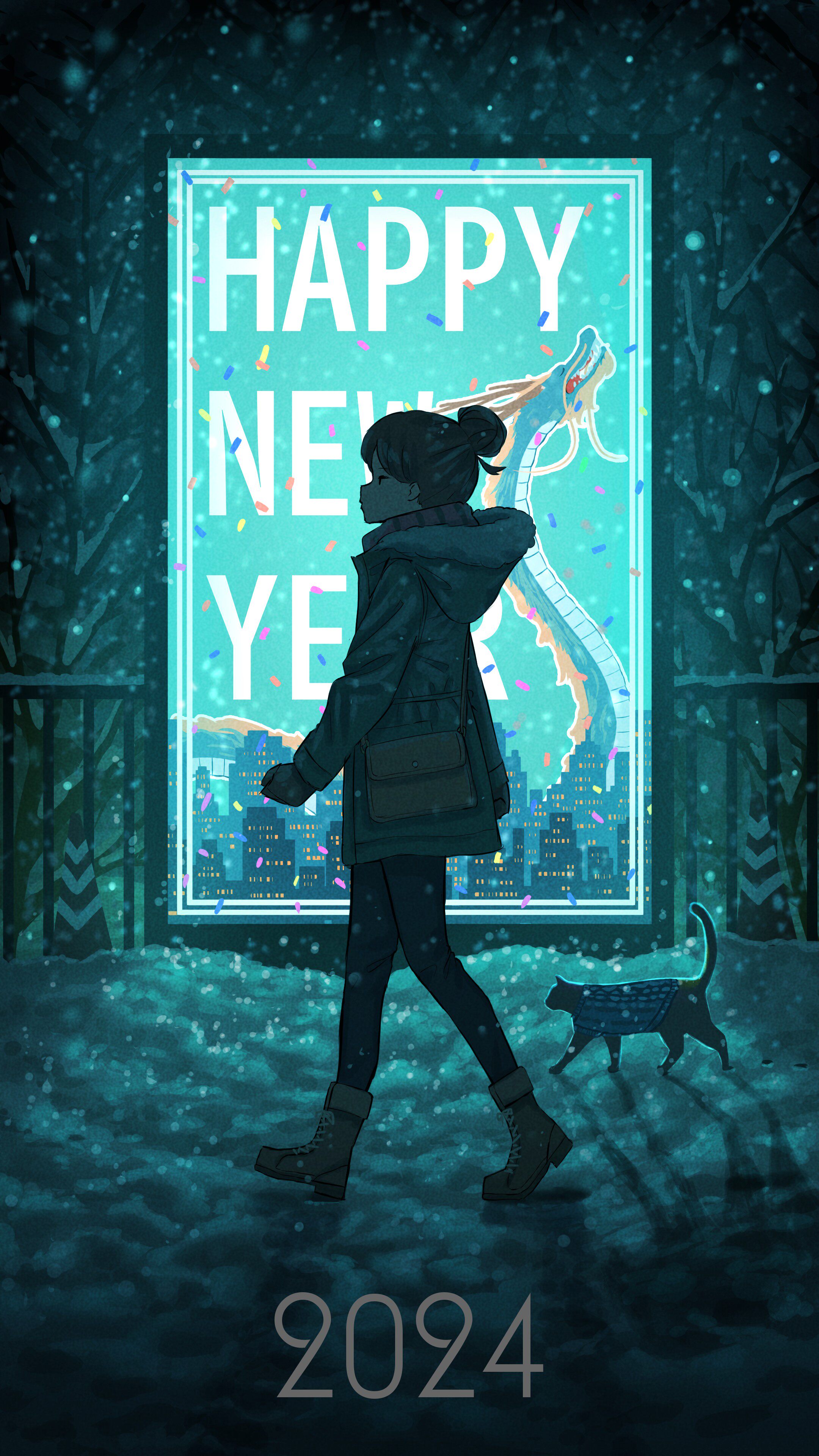 2024 新年冬日动漫少女黑猫 4K 手机壁纸