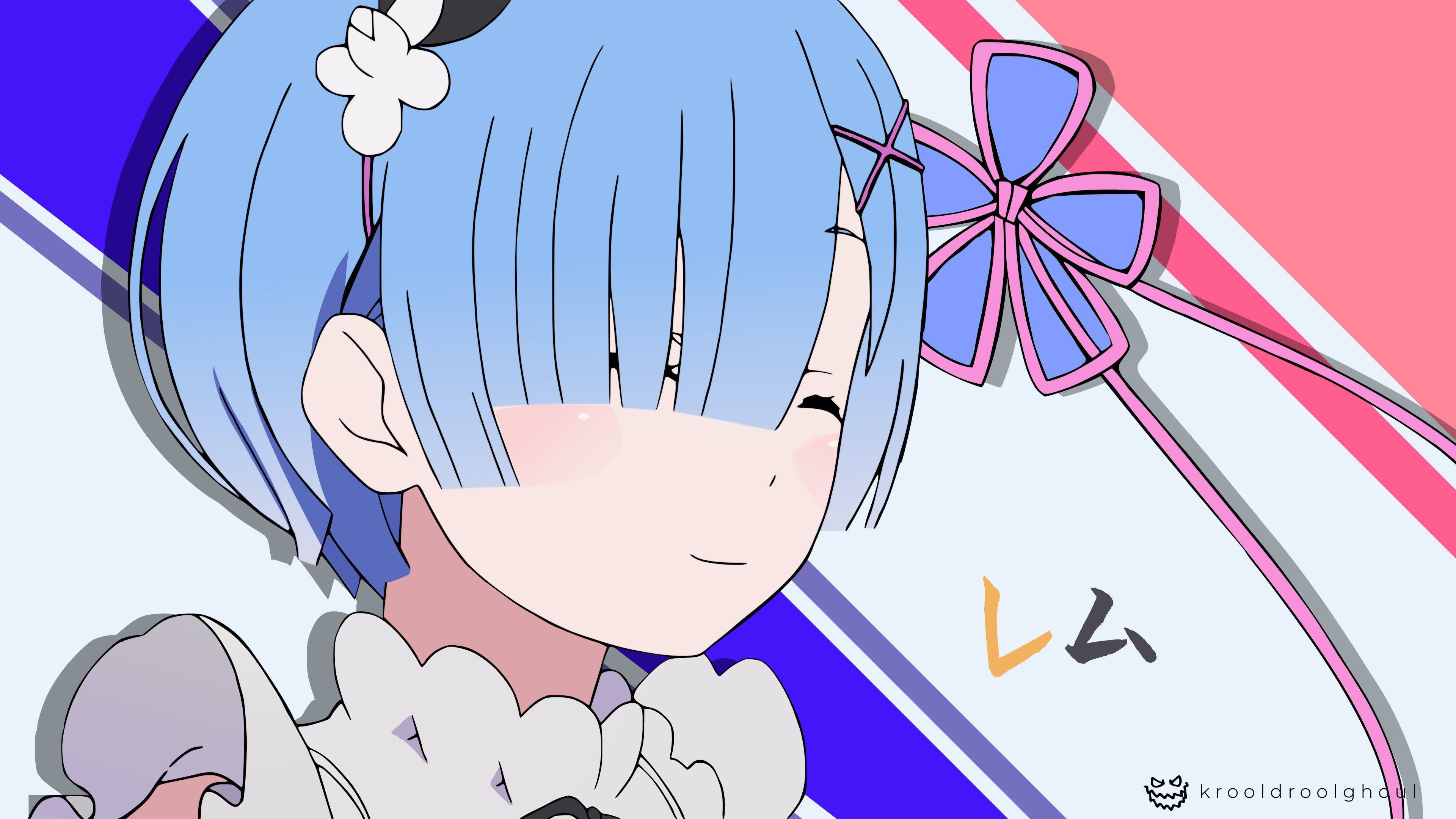 Re 从零雷姆简约平涂插画闭眼微笑 4K 横版电脑壁纸