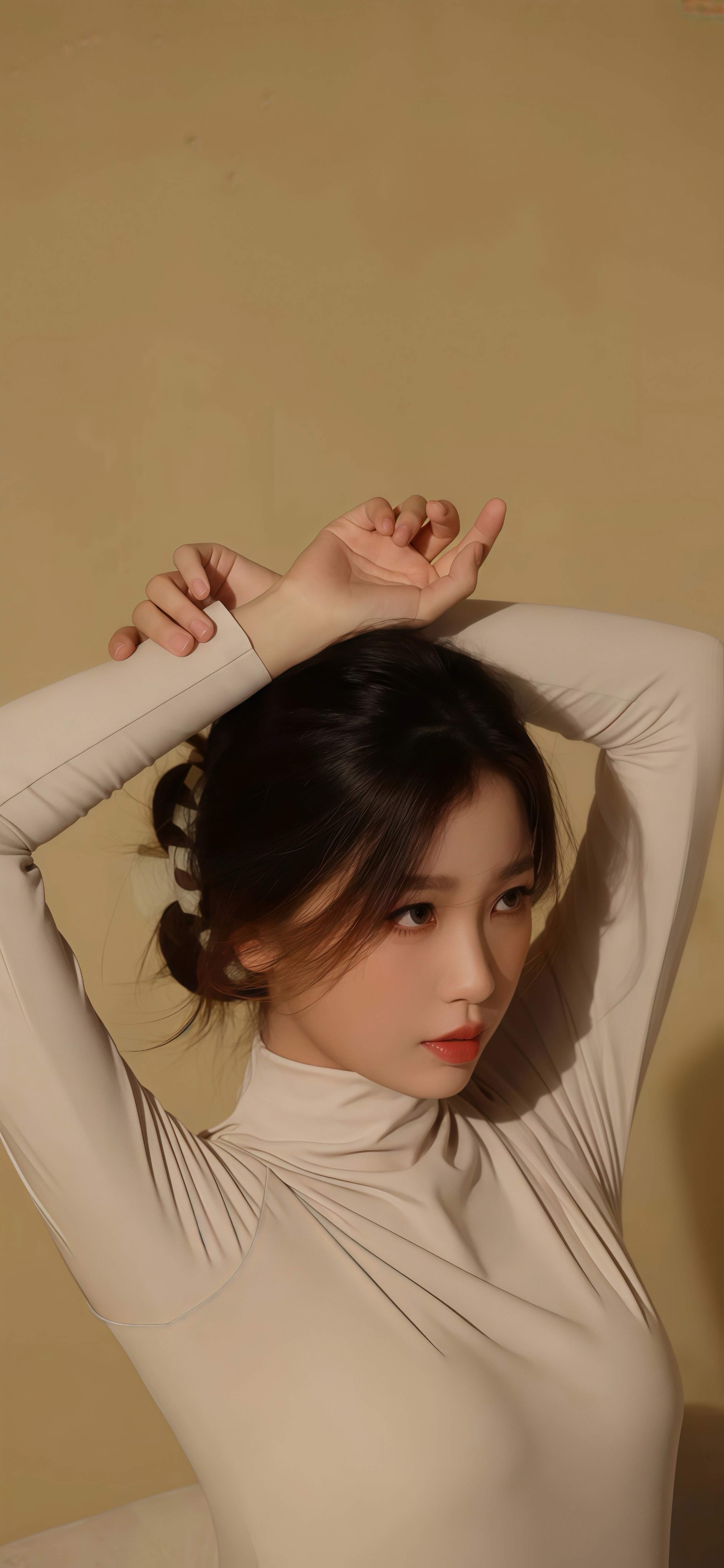 暖调极简高级壁纸 盘发少女竖版手机锁屏