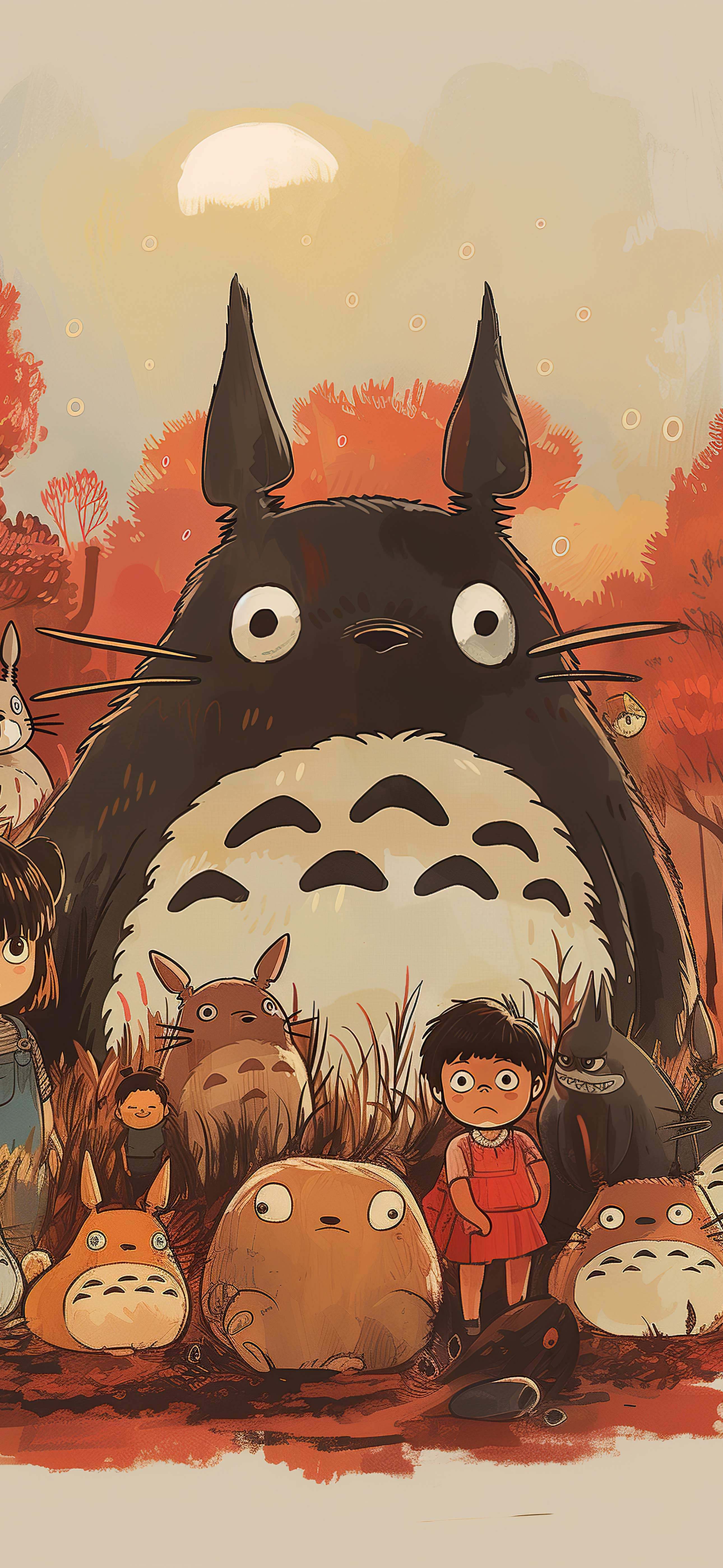 4K 竖版宫崎骏龙猫手机壁纸 秋日森林龙猫家族插画锁屏