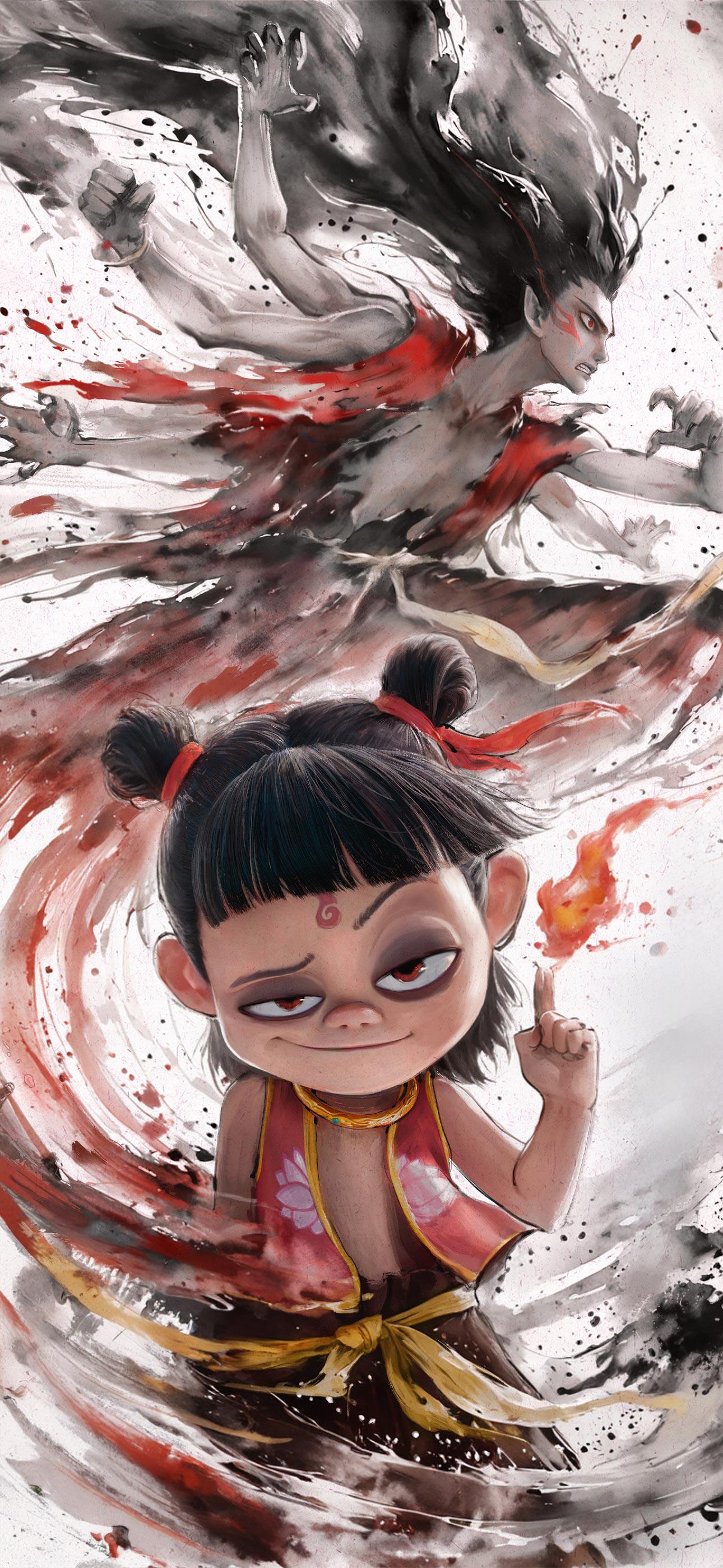 4K 高清无水印竖版水墨哪吒手机壁纸,哪吒之魔童降世,Q 版哪吒与魔化多臂法相国漫插画