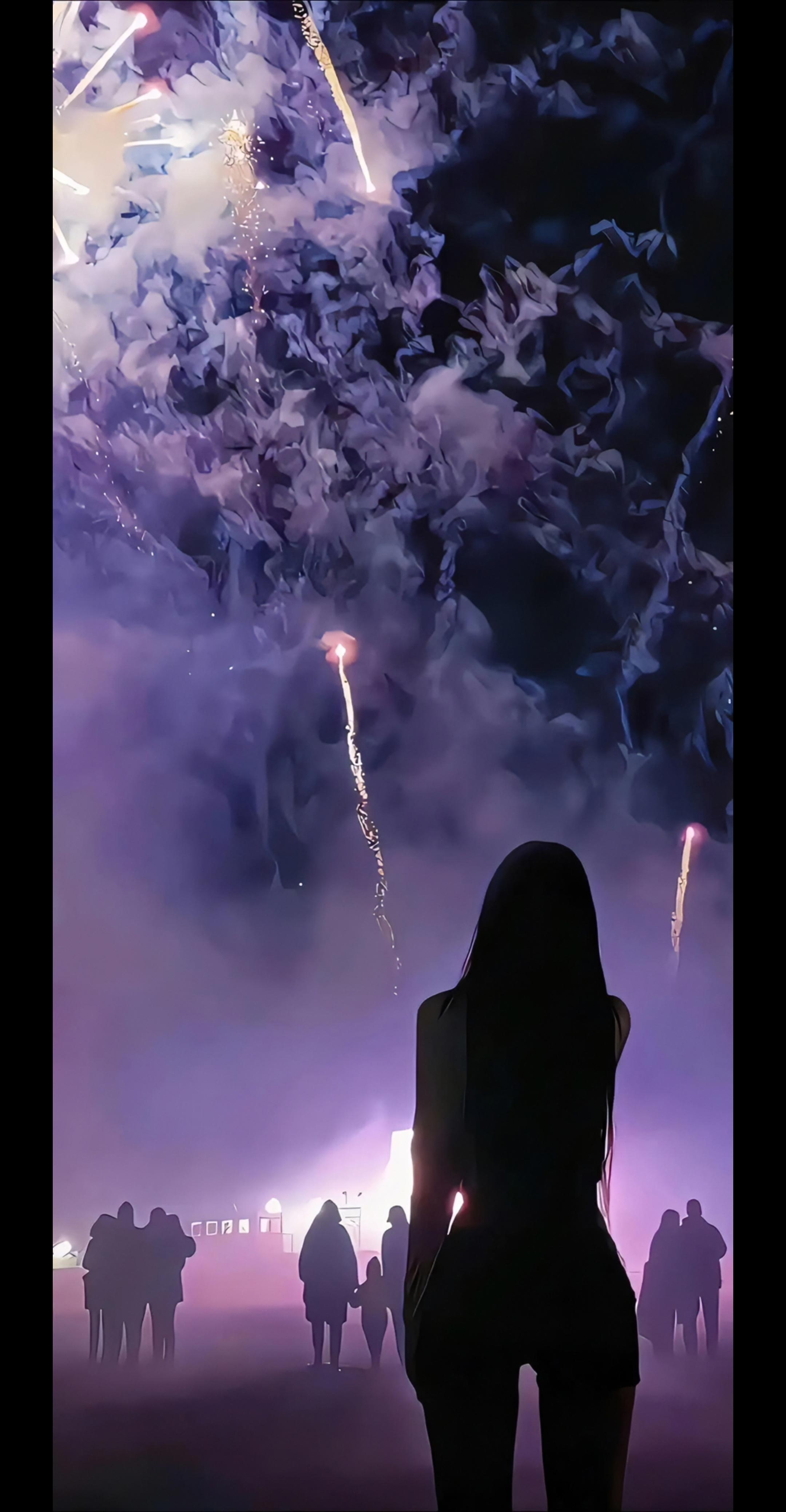 4K 紫色夜空烟花少女背影手机壁纸 梦幻烟花盛会氛围感插画